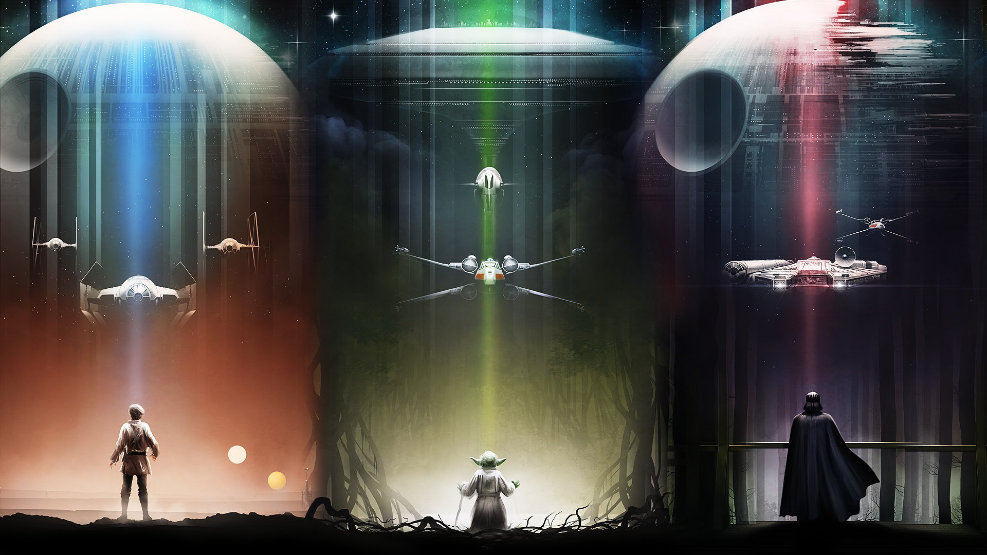 Luke Skywalker, Yoda, Darth Vader, Morte Nera, Trilogia originale, Illustrazione, sfondo per PC