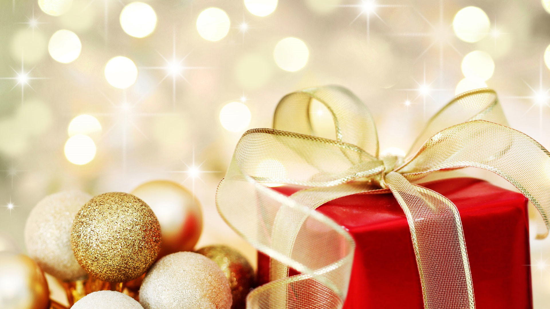 Regalo, Fiocco dorato, Palline dorate, Bokeh, 1920x1080, immagine di sfondo