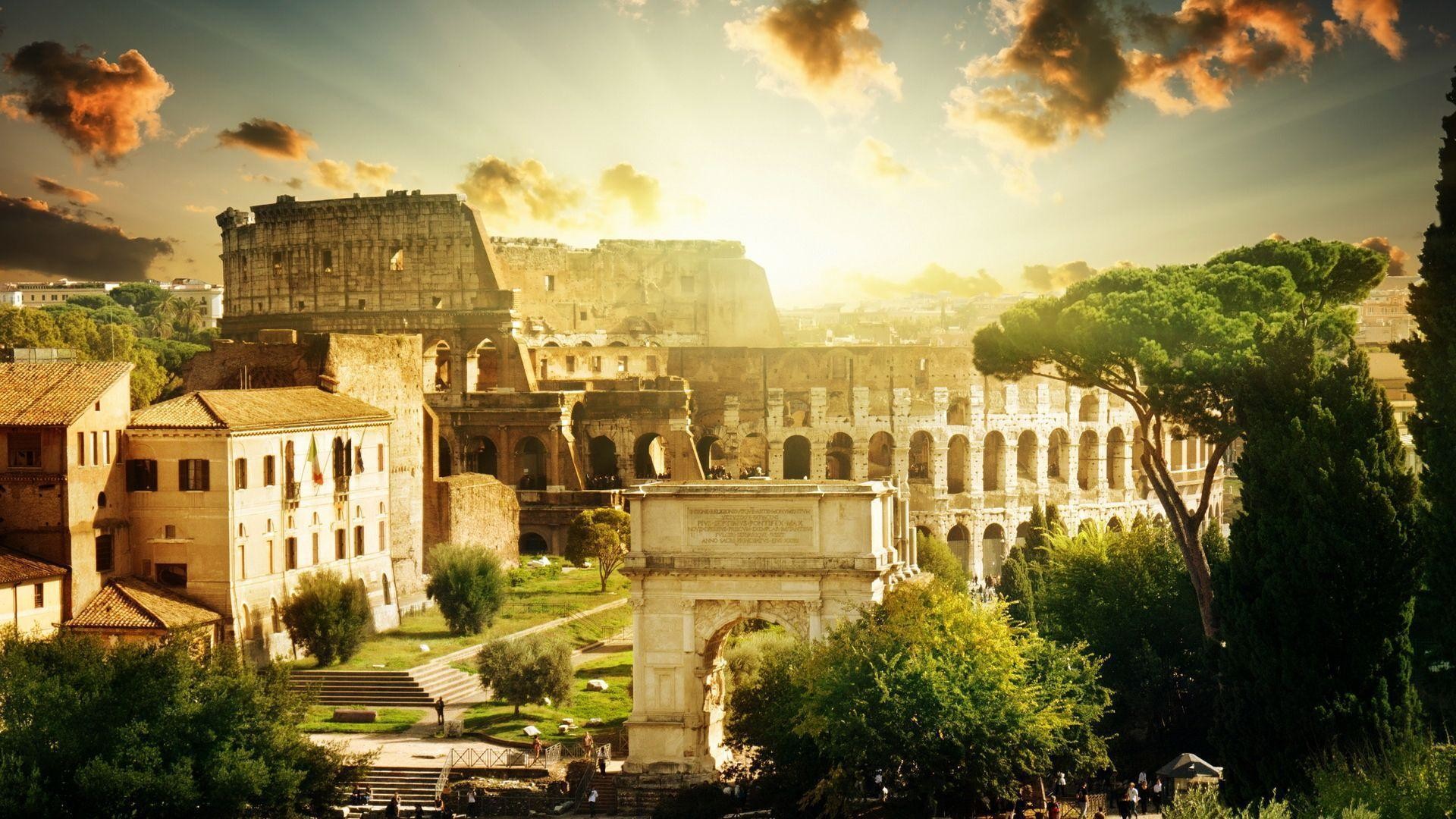 Colosseo, Foro Romano, Arco di Tito, Roma, Luce dorata, Full HD, sfondo per PC e portatile