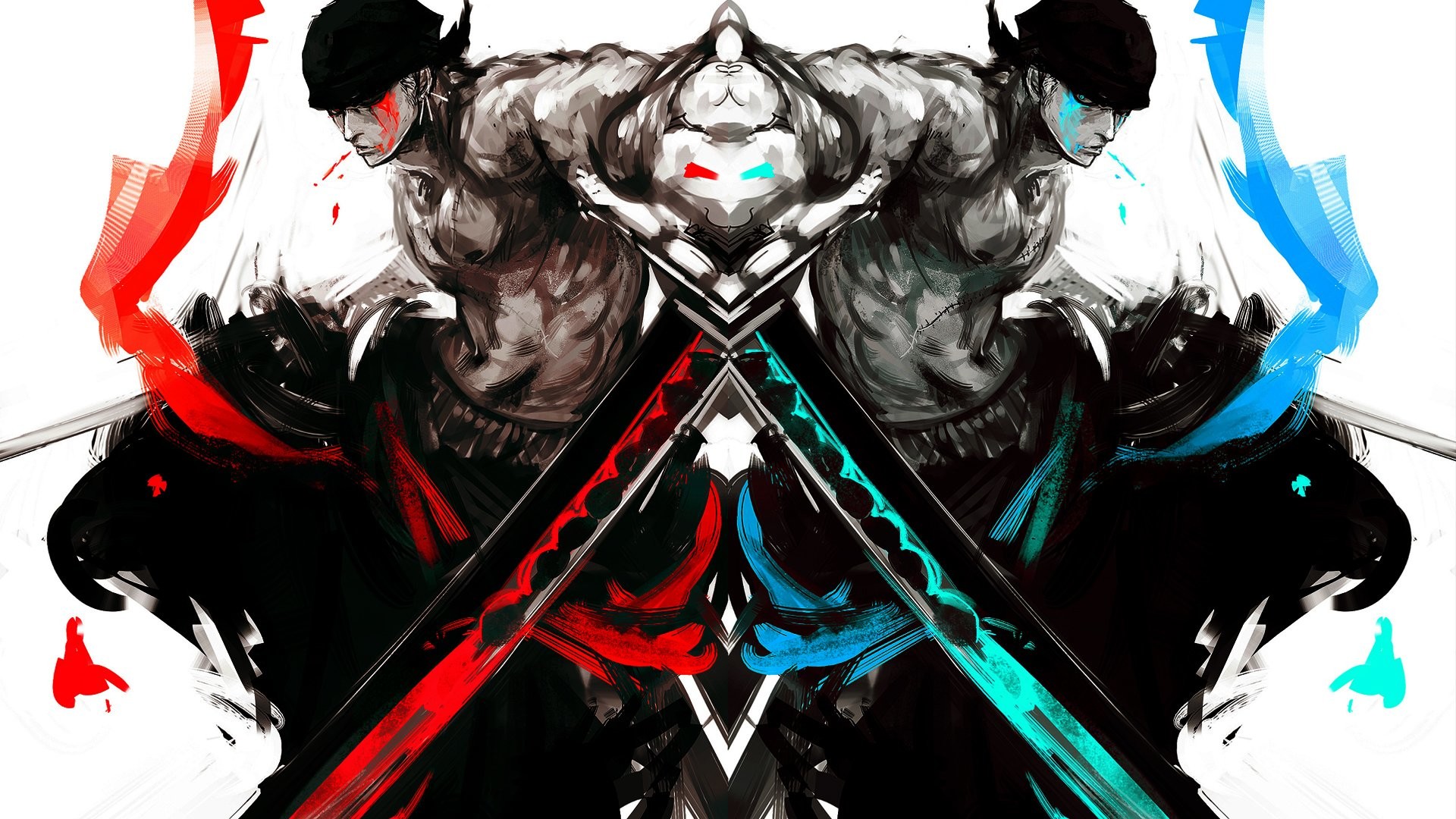 Roronoa Zoro, One Piece, Santoryu, Simmetria, Rosso e blu, Full HD, wallpaper per portatile