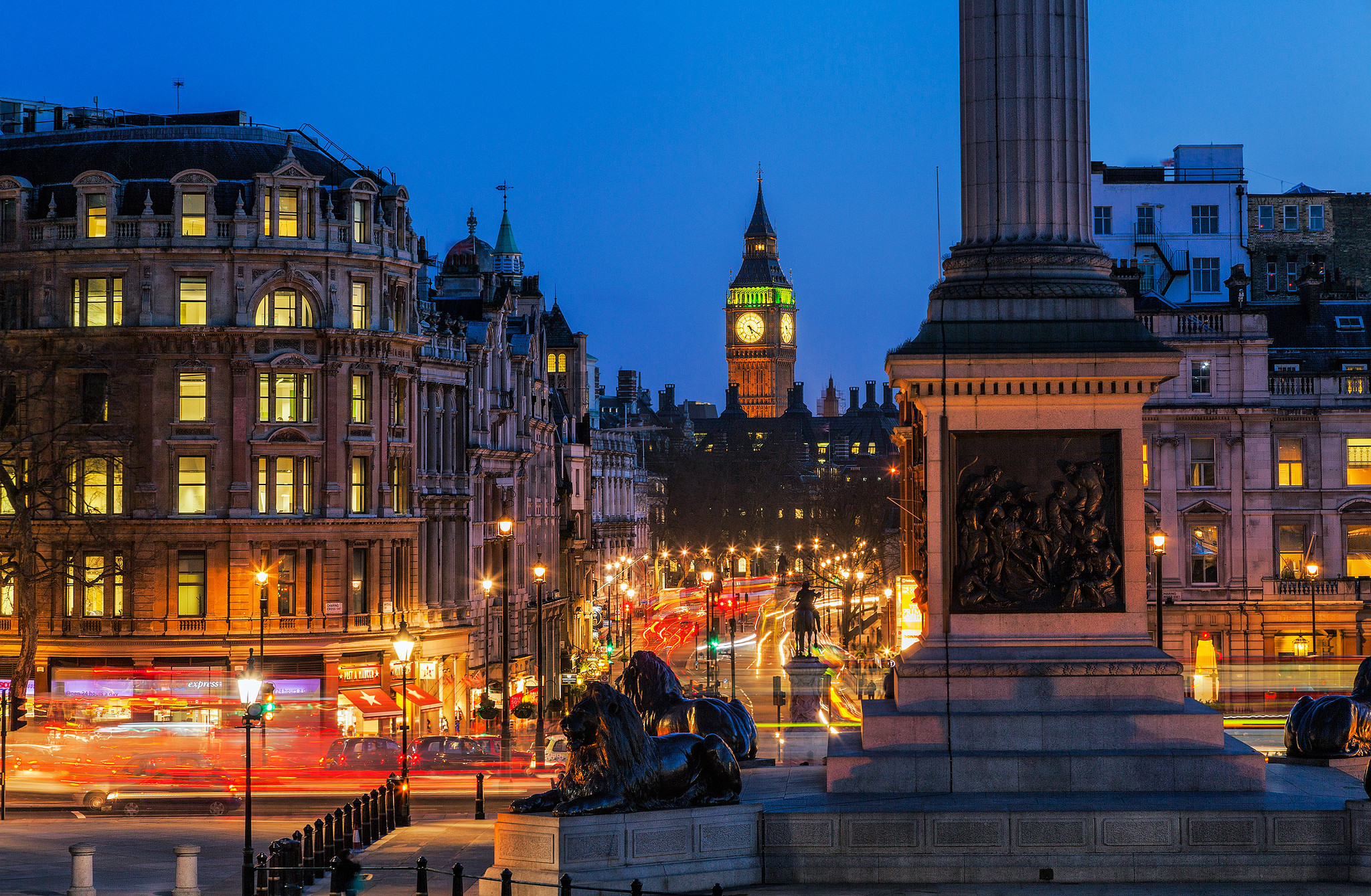 Trafalgar Square, Colonna di Nelson, Big Ben, Londra, Sera, Full HD, wallpaper per portatile