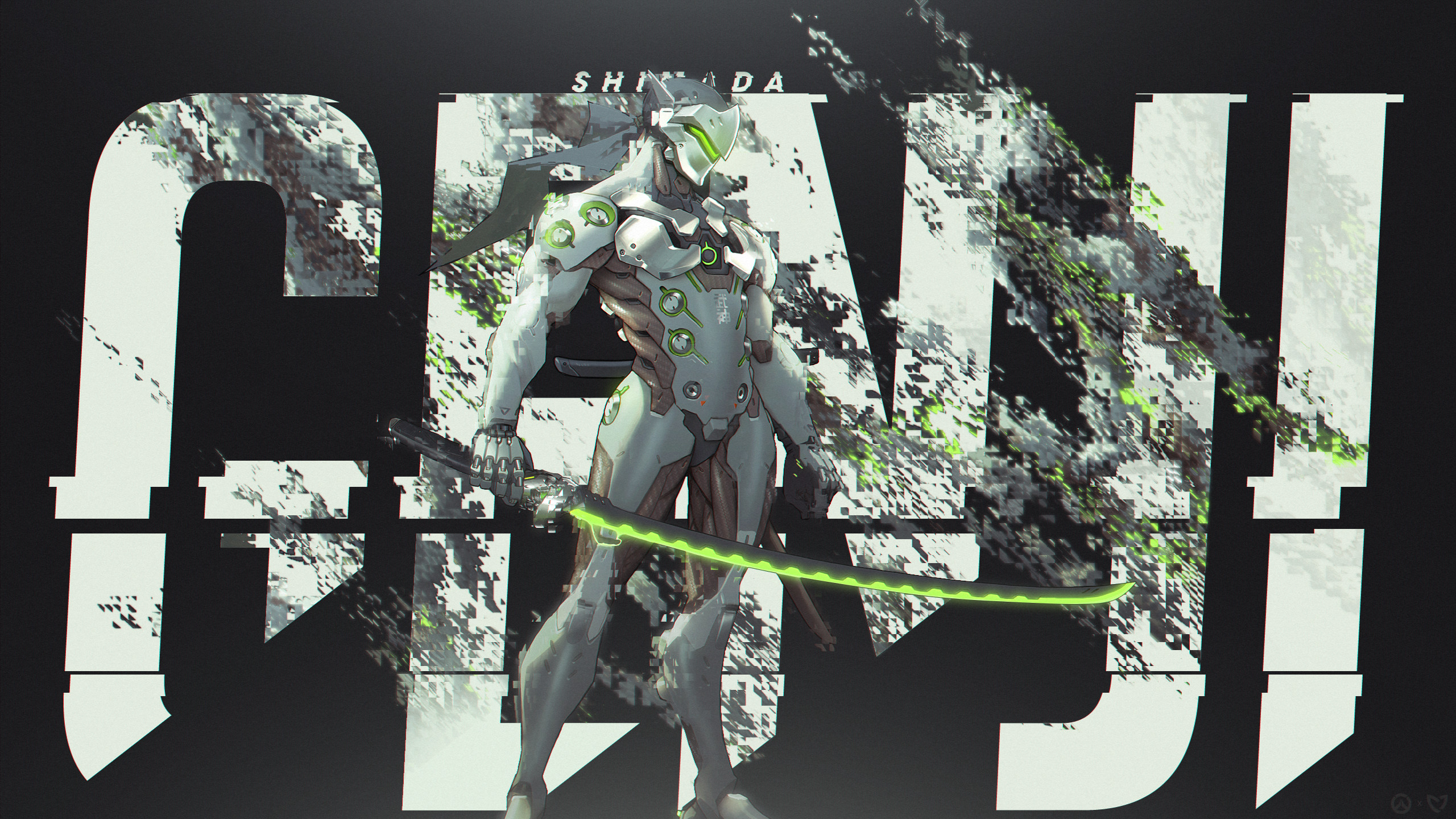 Genji, Overwatch, Shimada, Scritta, Bianco e verde, 2560x1440, immagine di sfondo