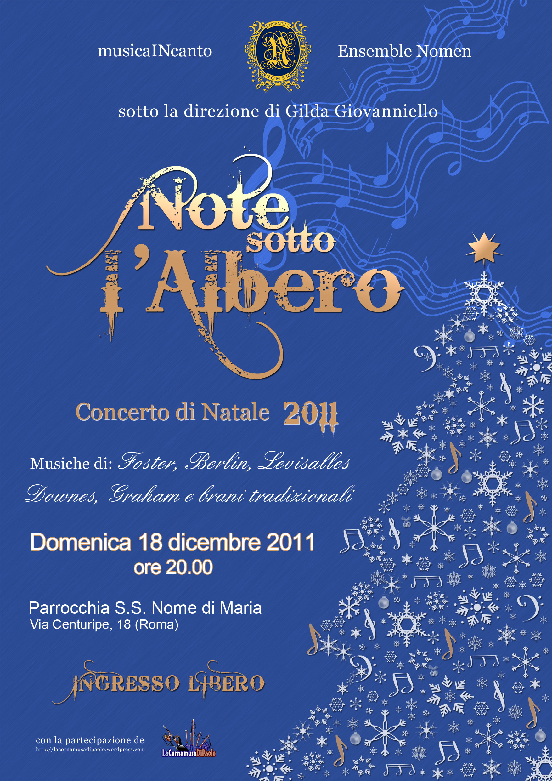 Note sotto l'Albero, Concerto di Natale, Locandina, Albero di Natale, Blu, sfondo iPad QHD+