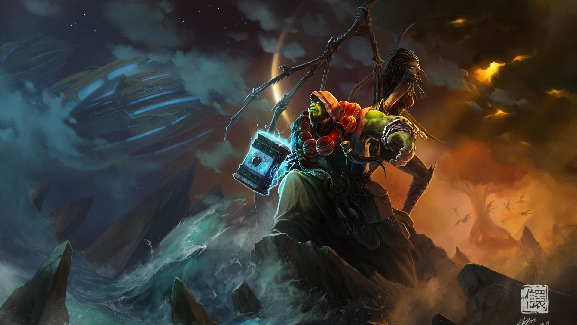 Thrall, World of Warcraft, Orco, Martello, Tempesta, Full HD 1080p, sfondo desktop