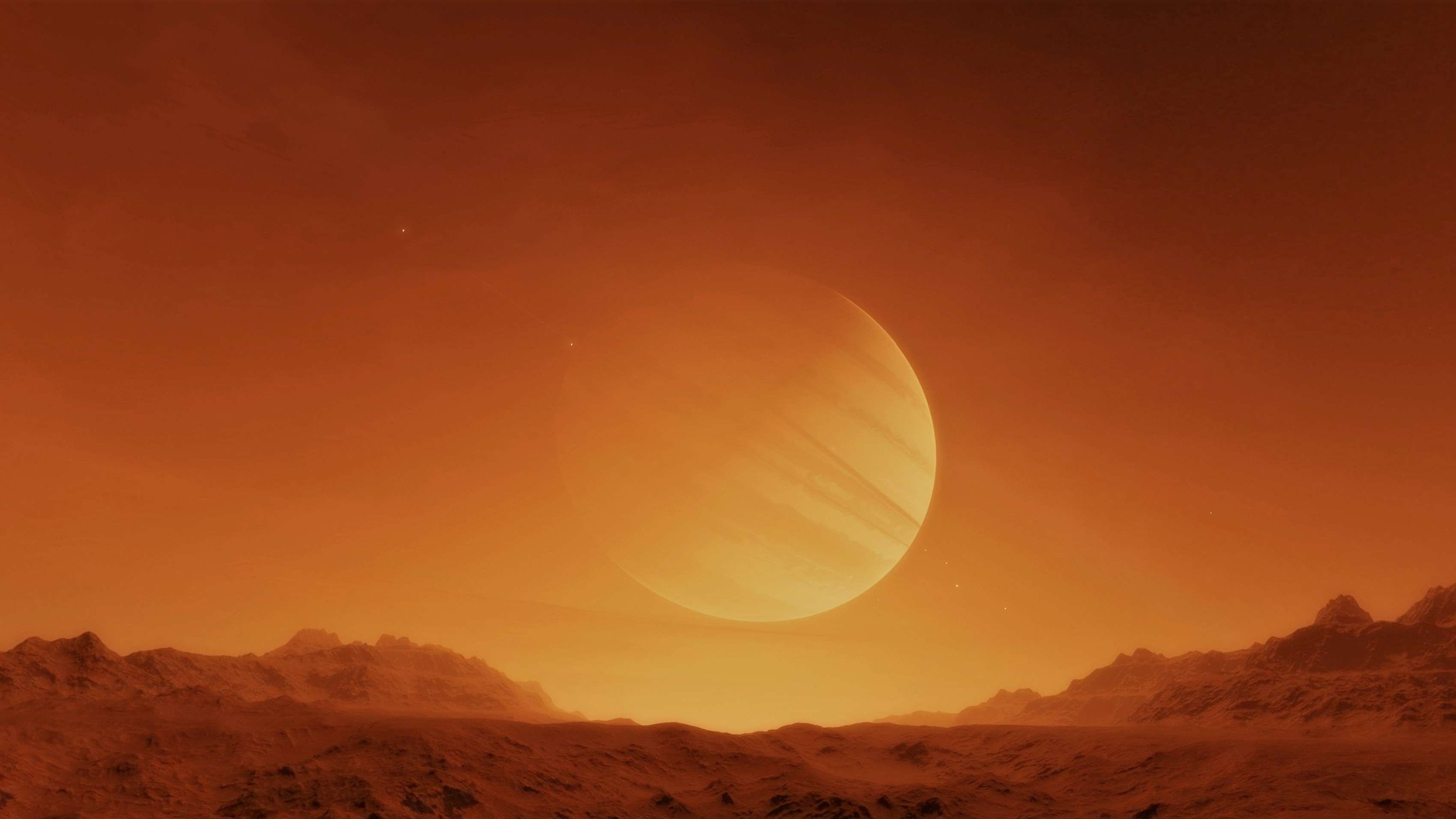 Pianeta gigante, Paesaggio alieno, Deserto, Arancione, Fantascienza, sfondo 16:9 2K