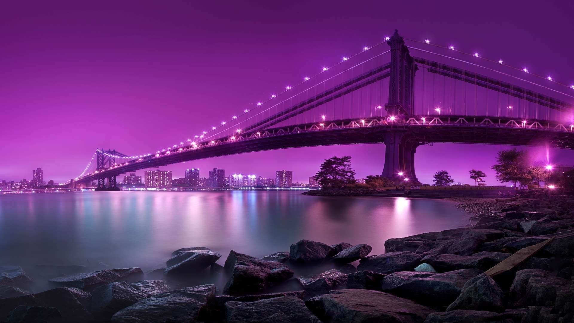 Ponte di Manhattan, New York, Notte, Luci viola, Fiume, sfondo desktop