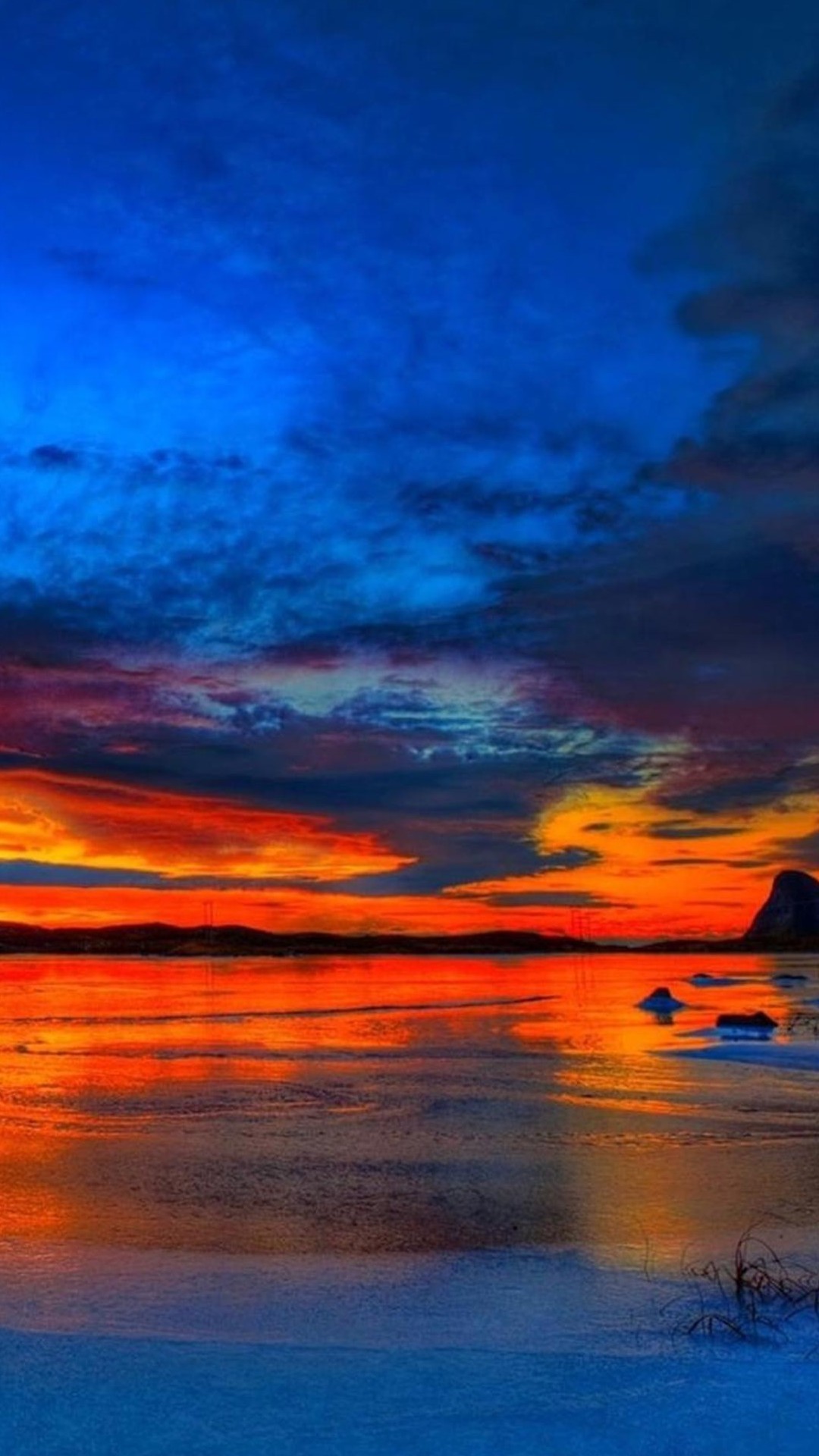 Tramonto, Lago, Cielo blu, Arancione, sfondo Android