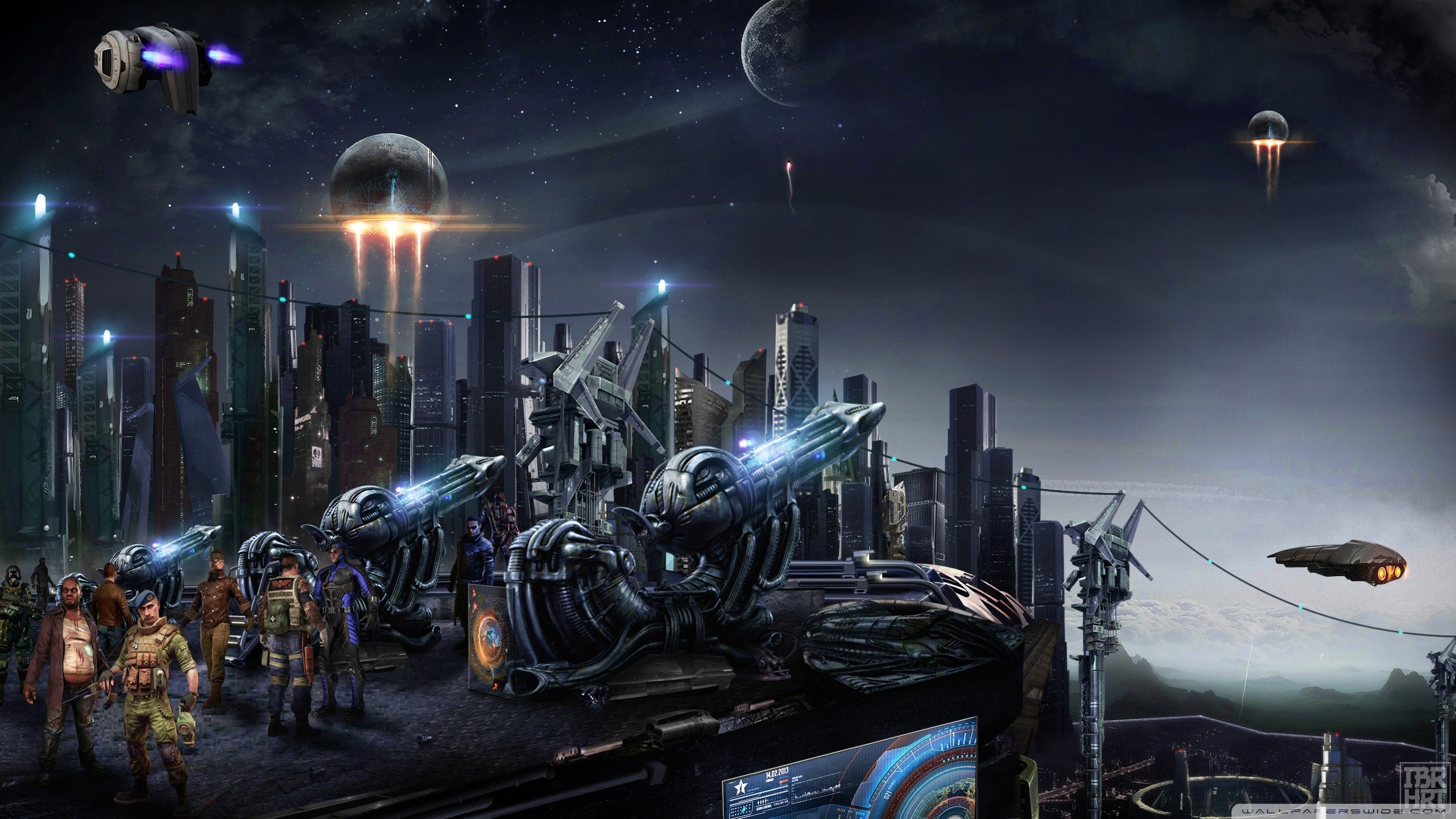 Città futuristica, Soldati, Astronavi, Notte, Fantascienza, 2560x1440, sfondo per PC
