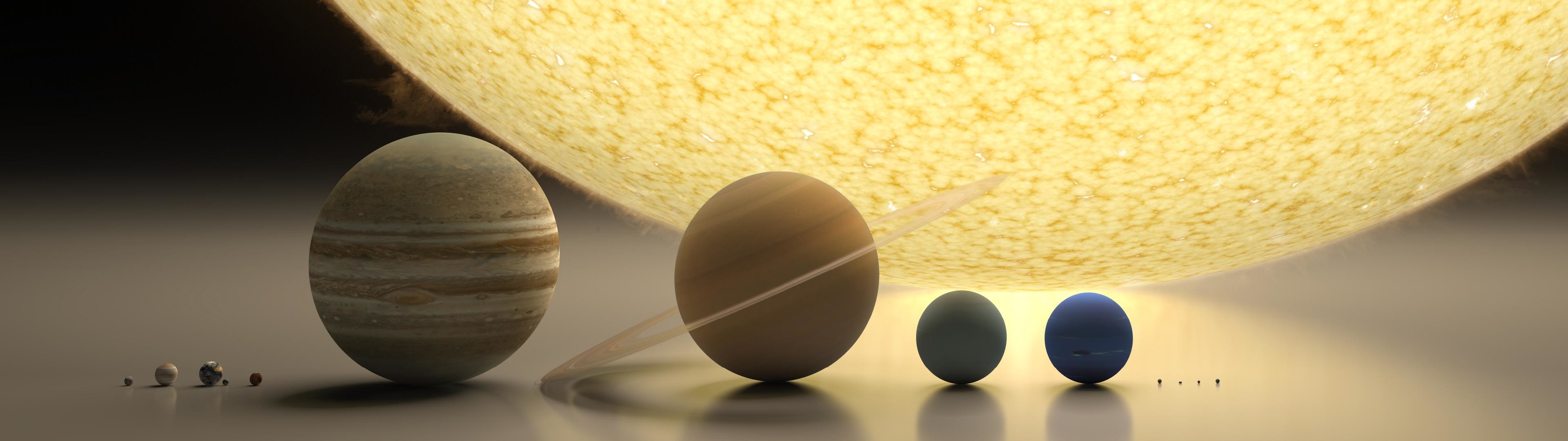 Sistema solare, Sole, Giove, Saturno, Pianeti in scala, 3840x1080, sfondo per PC