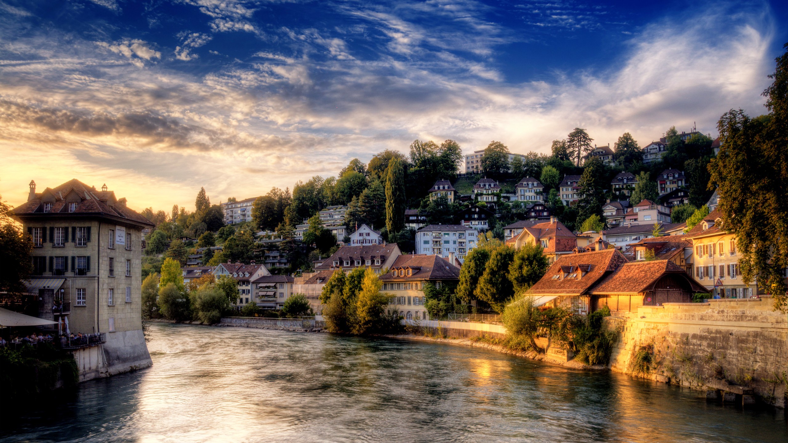 Berna, Svizzera, Fiume Aare, Case, Tramonto, 2K, sfondo per PC