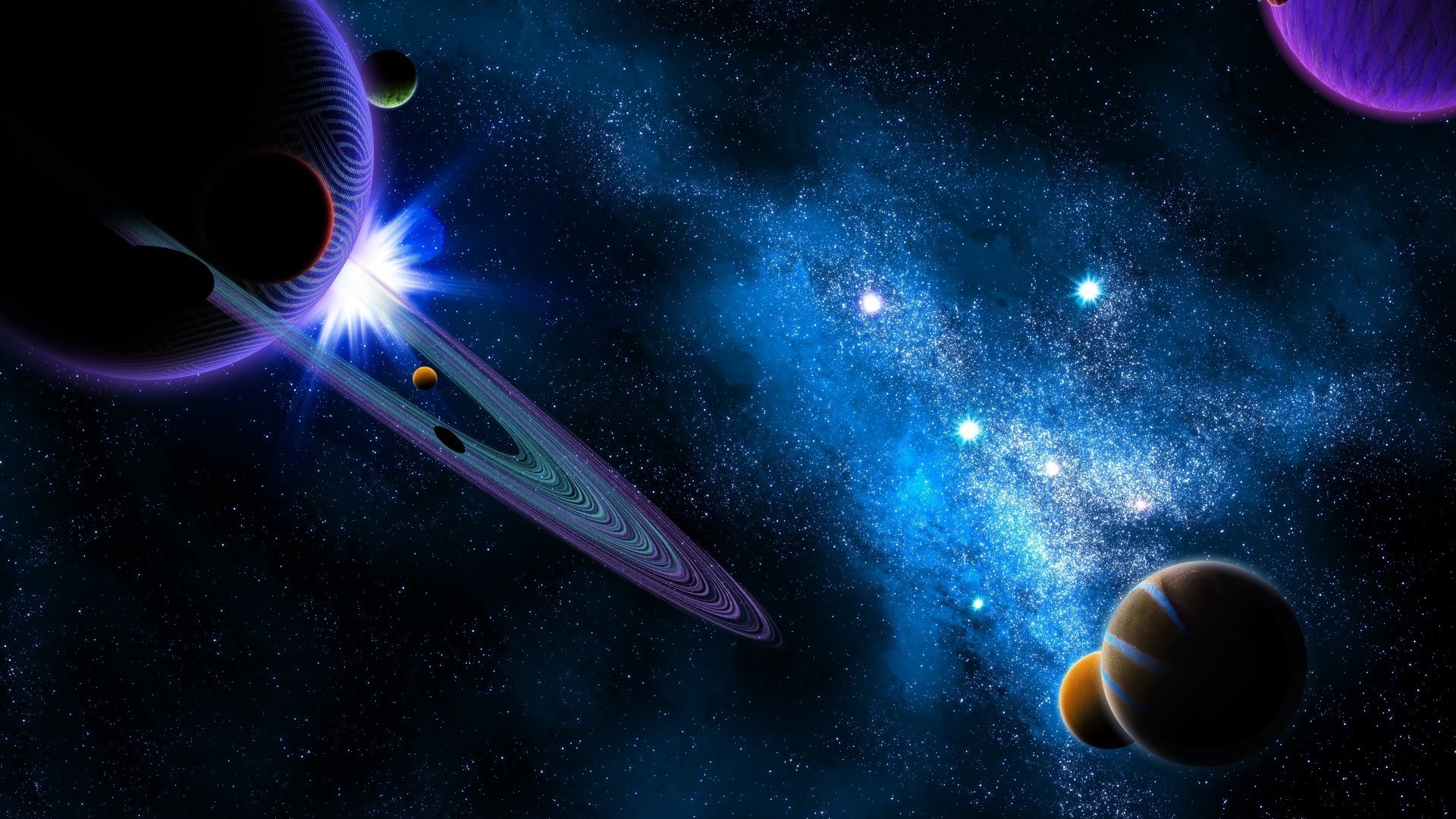 Pianeti, Pianeta con anelli, Nebulosa blu, Arte digitale, Full HD, sfondo Windows 11