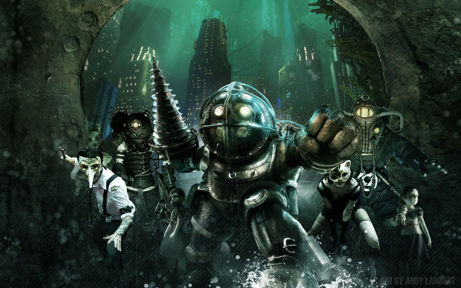 Big Daddy, Little Sister, BioShock, Splicer, Sott'acqua, 16:10 Full HD, sfondo widescreen