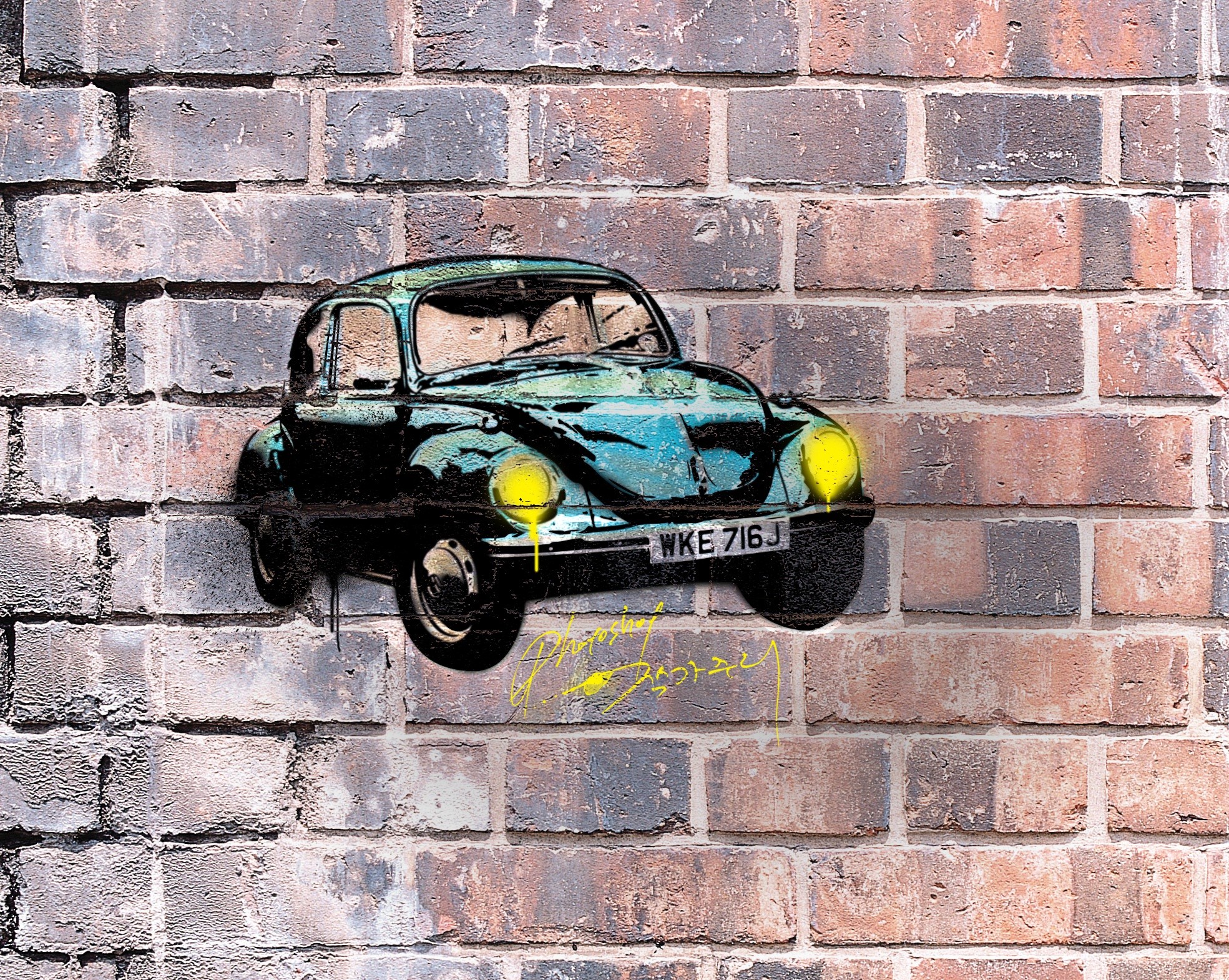 Volkswagen Maggiolino, Muro di mattoni, Arte 3D, Full HD, sfondo per portatile