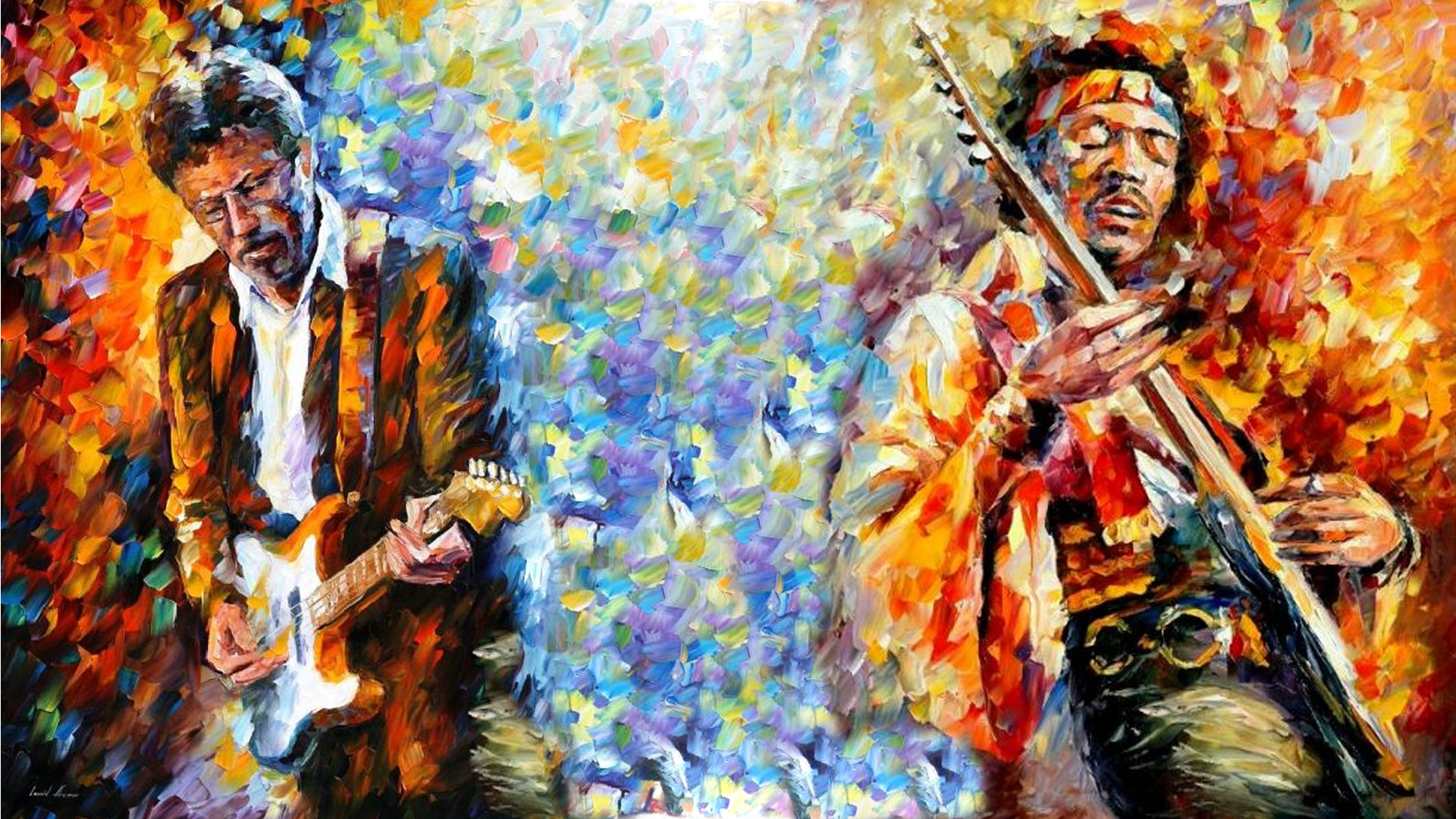 Jimi Hendrix, Eric Clapton, Leonid Afremov, Pittura a olio, Colorato, sfondo desktop Full HD