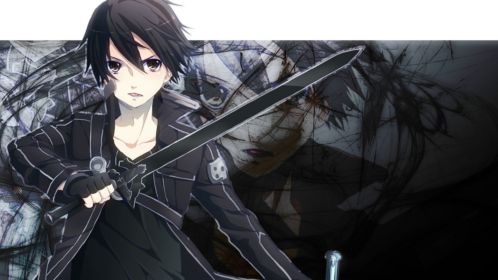 Kirito, Sword Art Online, Spada, Bianco e nero, 16:9 Full HD, wallpaper widescreen