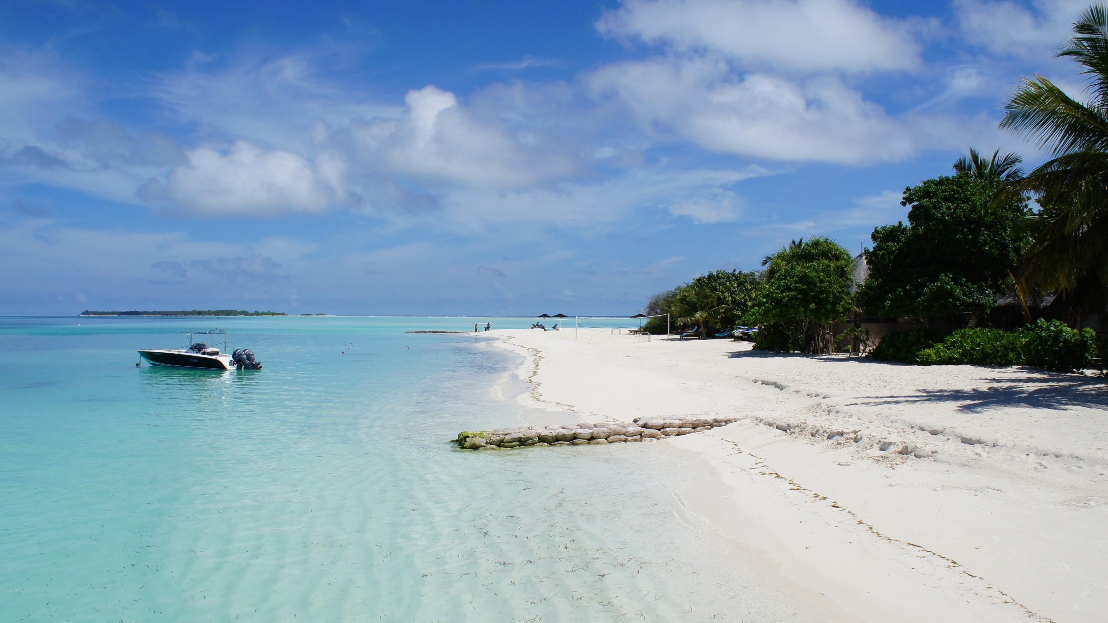 Maldive, Spiaggia bianca, Motoscafo, Laguna, 4K, sfondo per PC