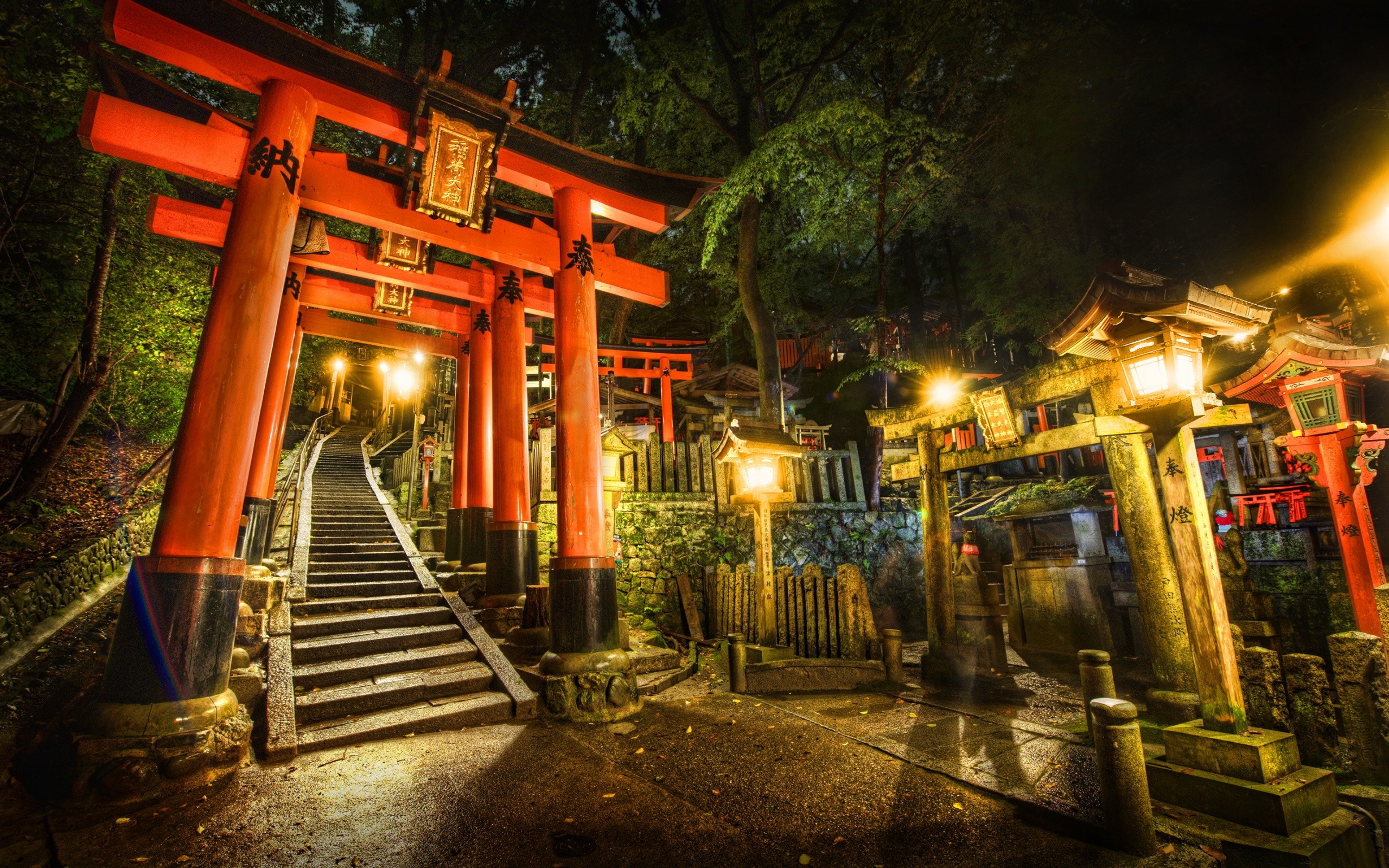 Fushimi Inari-taisha, Torii, Santuario shintoista, Giappone, Notte, Lanterne, sfondo per PC