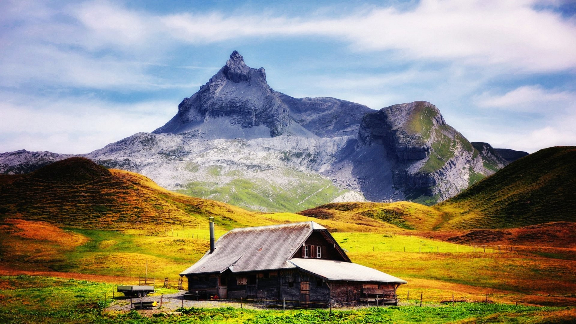 Baita, Prato, Montagna, Autunno, Full HD, sfondo per PC