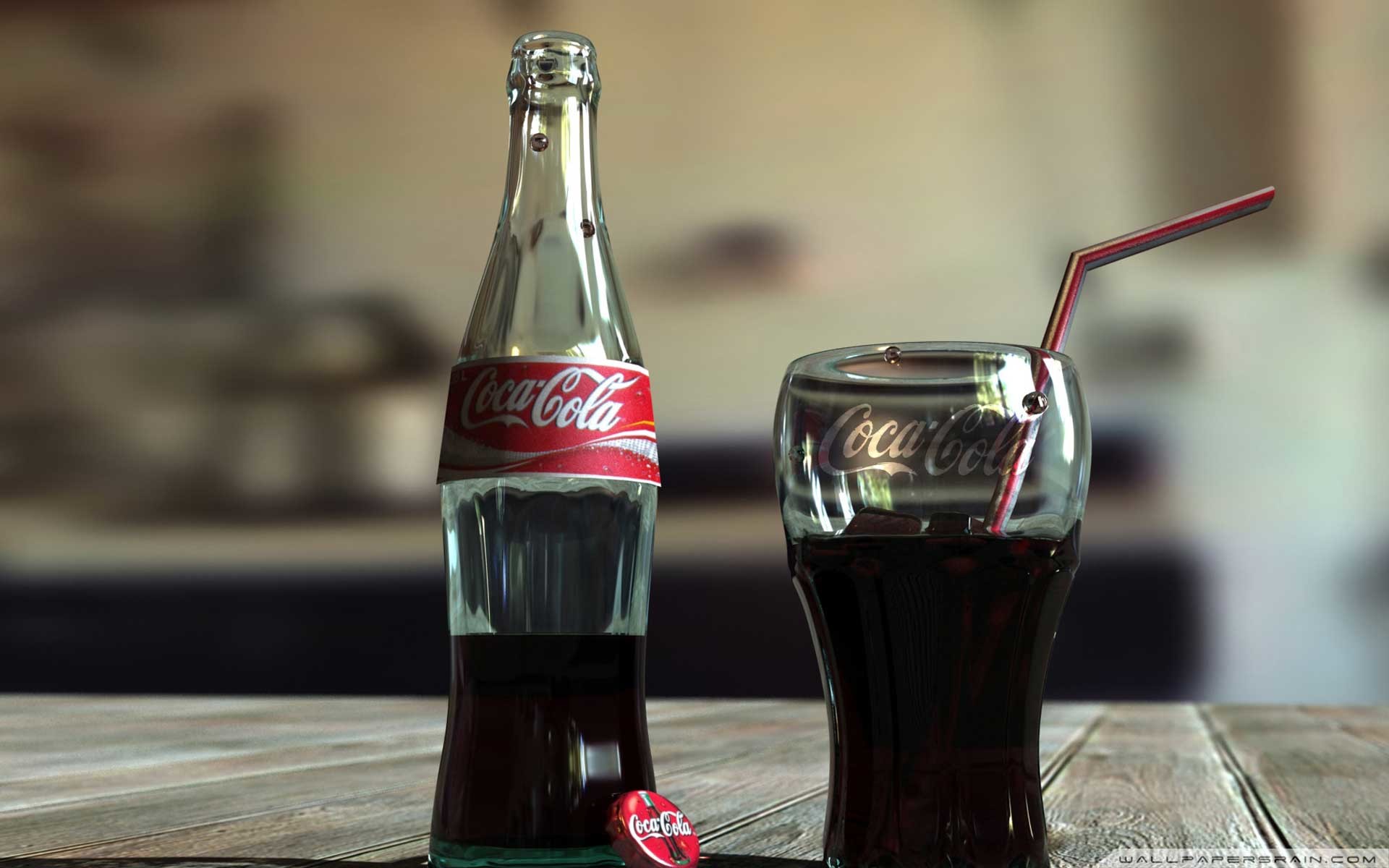 Coca-Cola, Bottiglia di vetro, Bicchiere, Cannuccia, Tappo, 1920x1200, immagine di sfondo