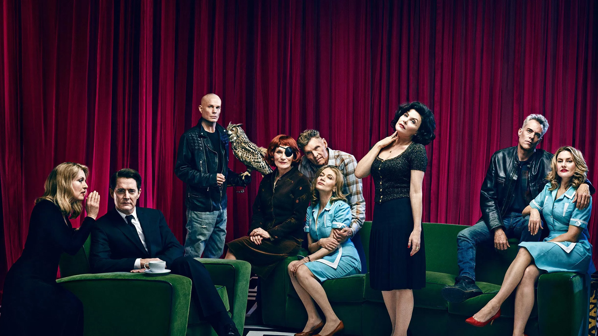 Twin Peaks: Il ritorno, Kyle MacLachlan, Sherilyn Fenn, Mädchen Amick, Laura Dern, Cast, Tende rosse, sfondo 1080p