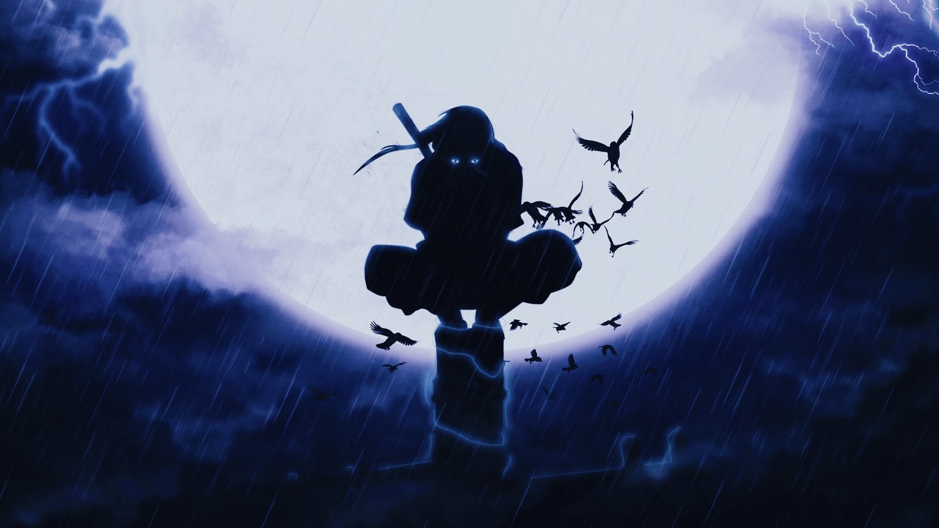 Itachi Uchiha, Naruto, Luna piena, Corvi, Tempesta, Full HD, sfondo per PC