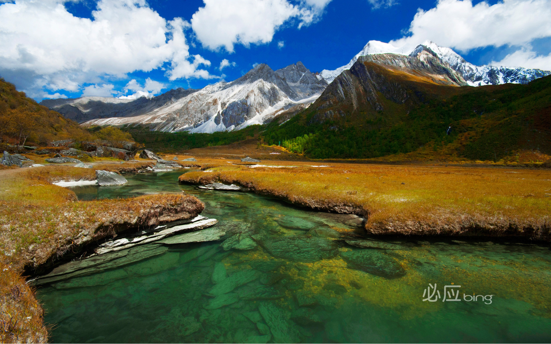 Cina, Montagne innevate, Torrente, Prateria, 1920x1200, sfondo MacBook Pro