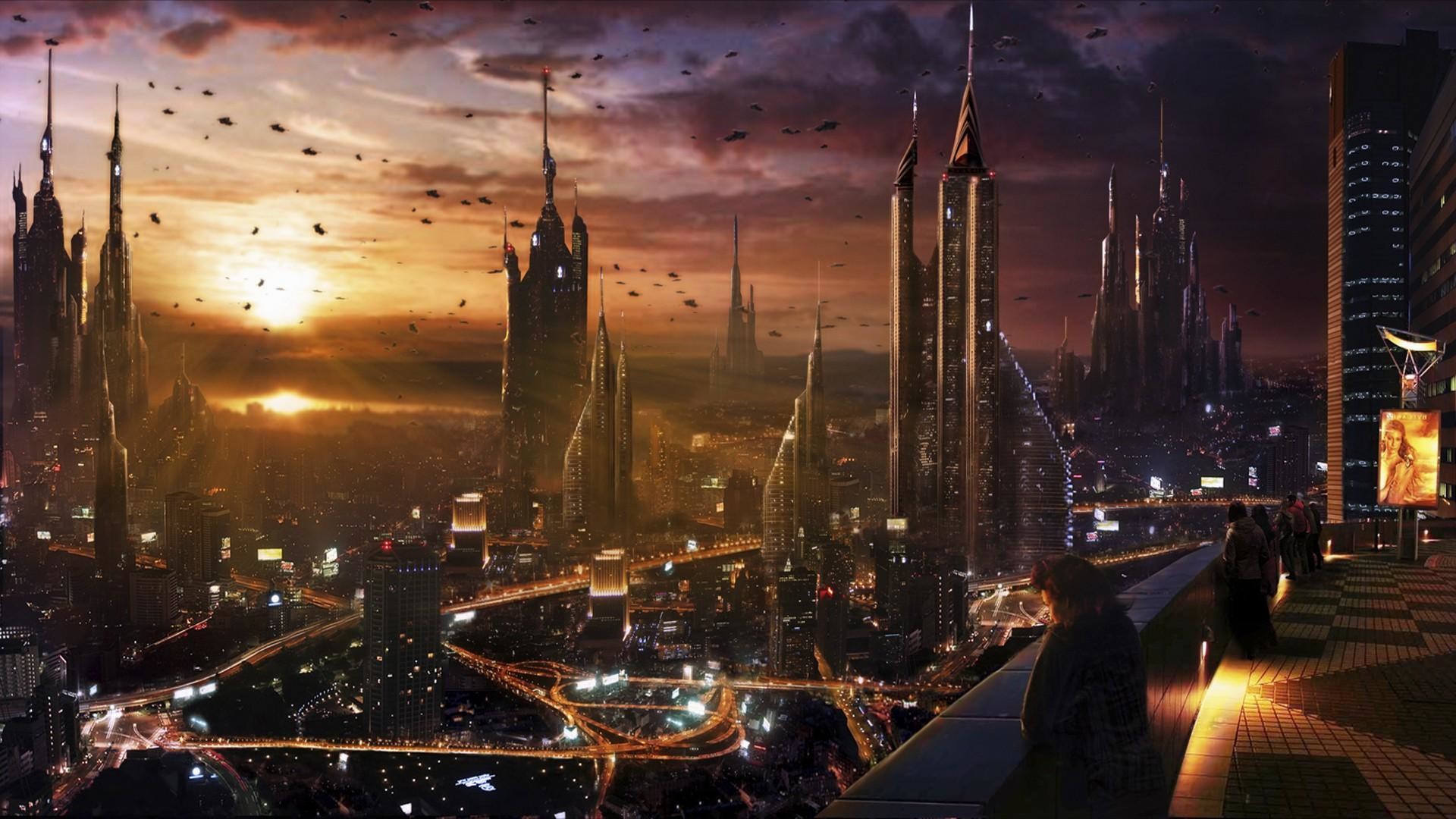 Città futuristica, Grattacieli, Astronavi, Tramonto, Full HD, wallpaper per computer