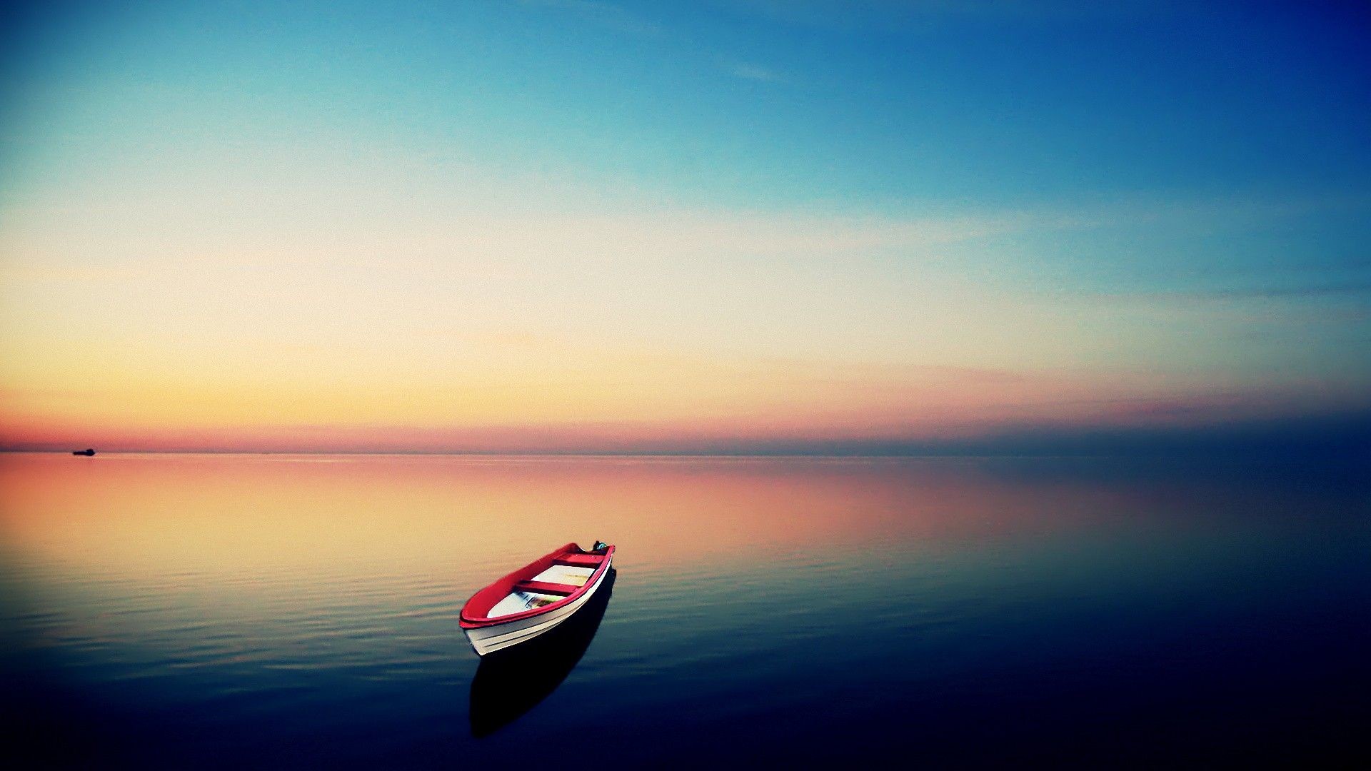 Barca a remi, Mare calmo, Tramonto, Orizzonte, Riflesso del cielo, sfondo widescreen Full HD