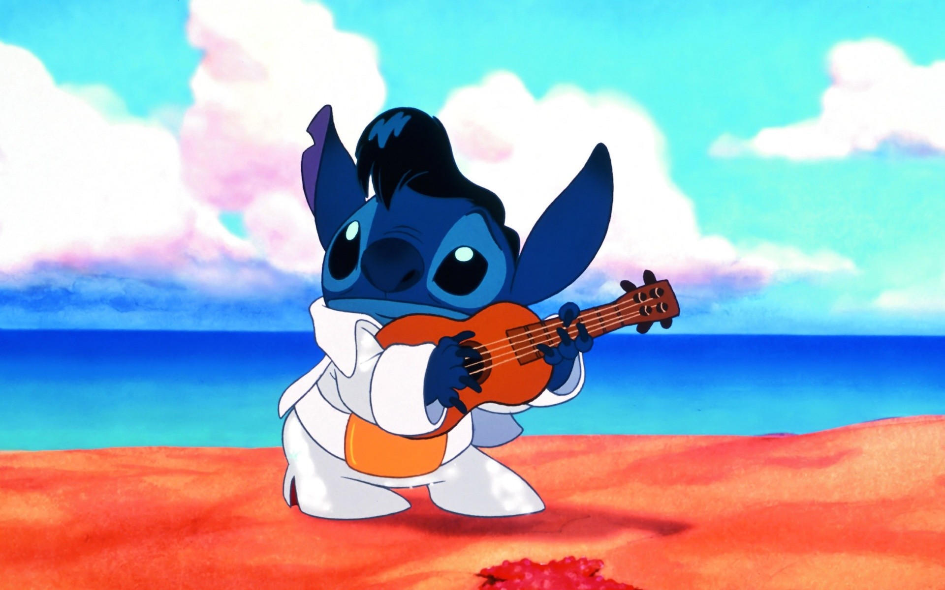 Stitch, Elvis Presley, Ukulele, Spiaggia, Lilo & Stitch, 1920x1200, immagine di sfondo