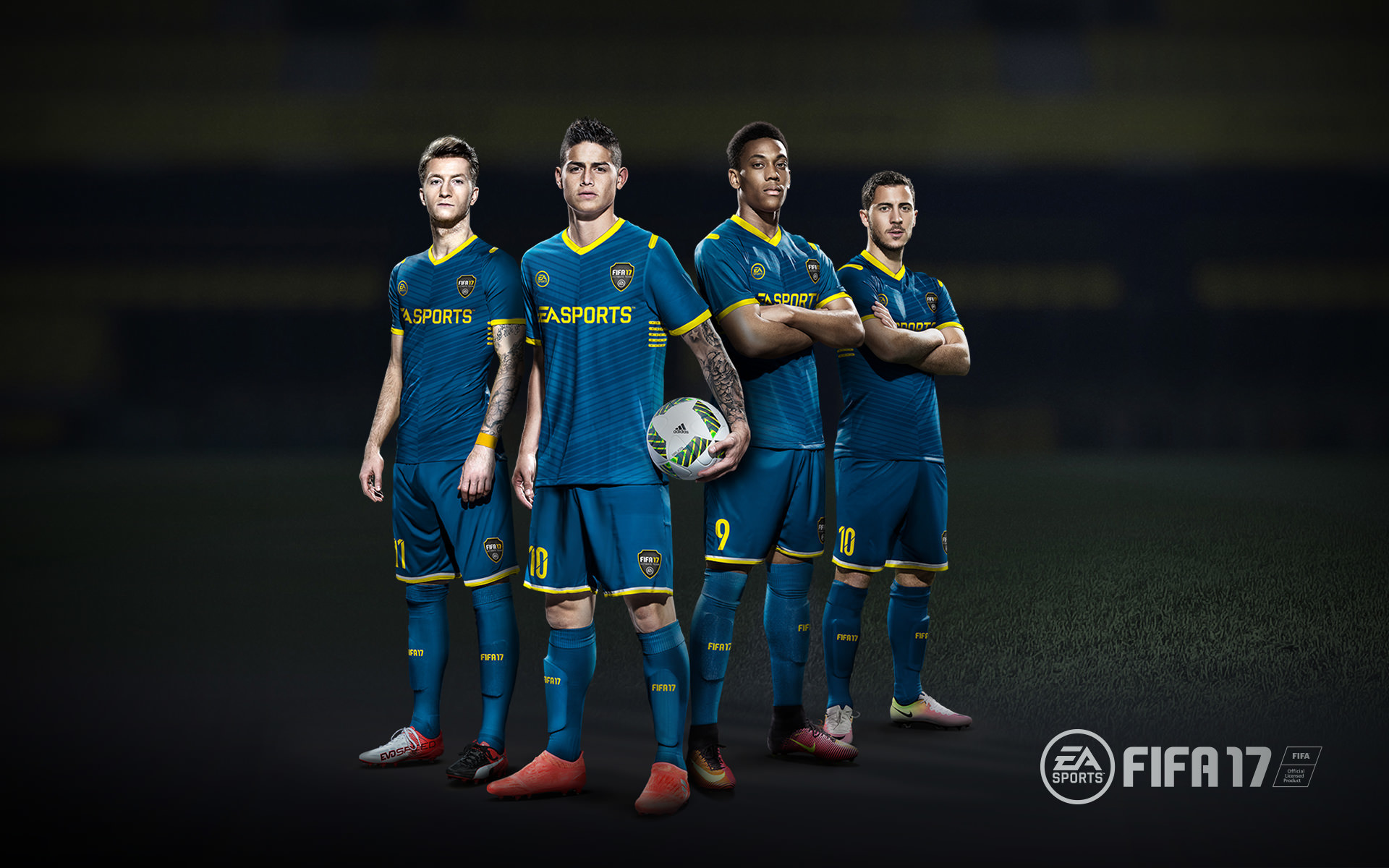 FIFA 17, James Rodríguez, Marco Reus, Eden Hazard, Anthony Martial, Sfondo scuro, wallpaper desktop