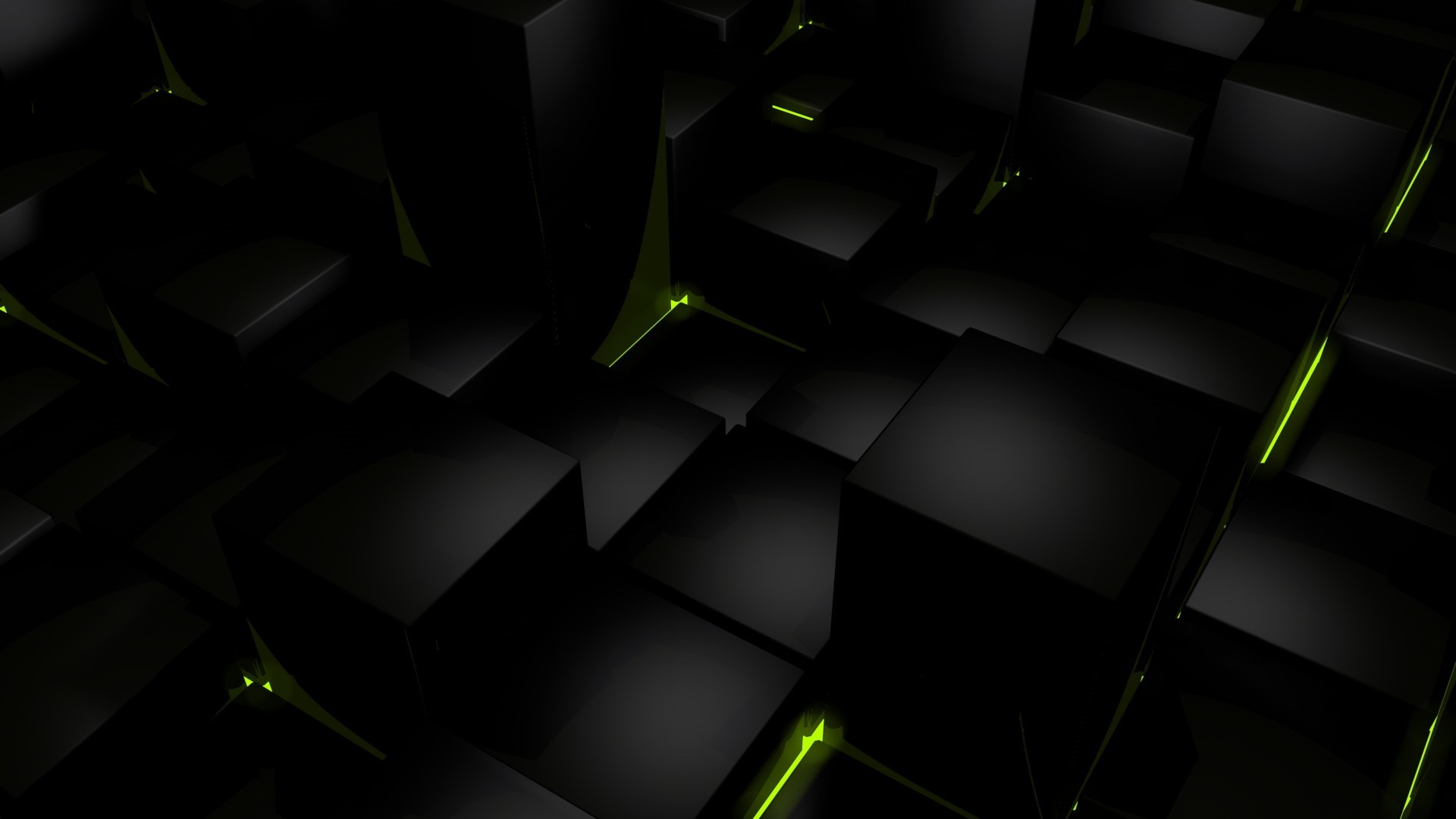 Cubi 3D, Luci verdi, Astratto, Sfondo nero, Full HD, wallpaper per portatile