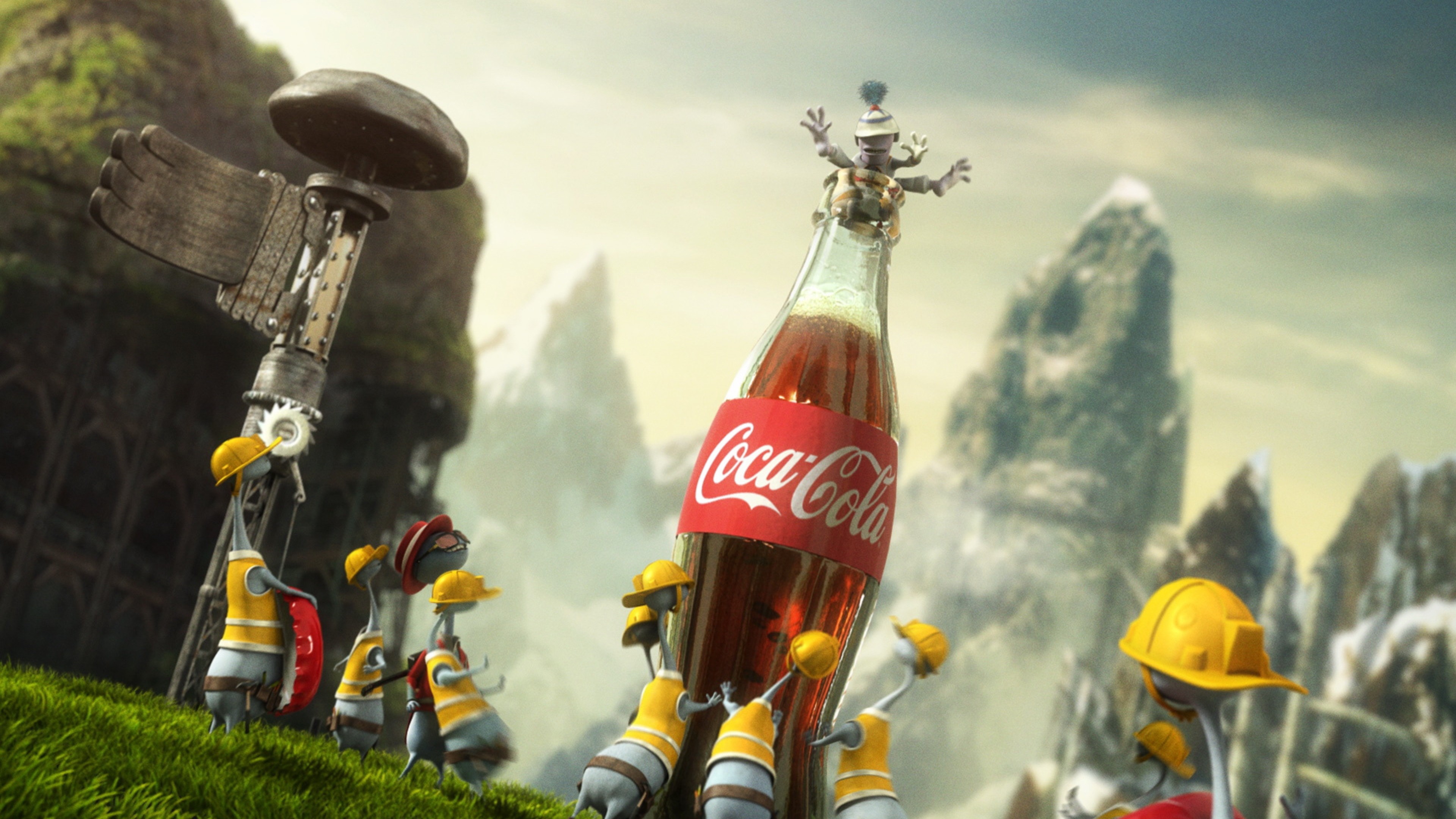 Coca-Cola, Bottiglia, Robot, Montagne, Arte digitale, 4K, sfondo desktop