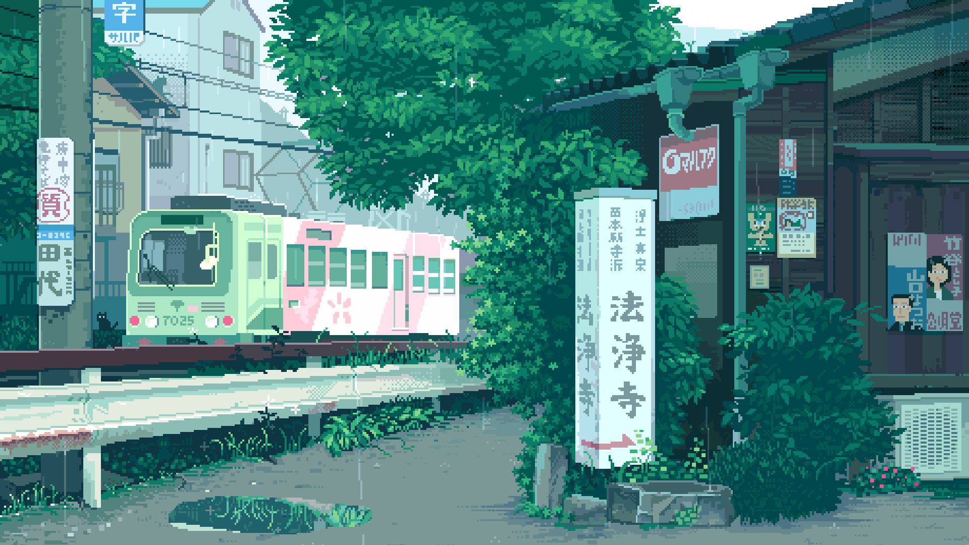 Pixel art, Giappone, Tram, Stazione, Alberi, Full HD, sfondo per PC