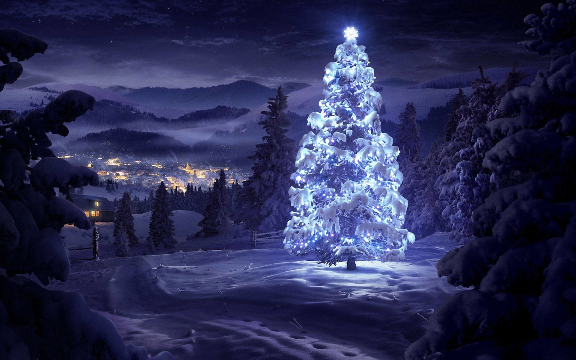 Albero di Natale luminoso, Montagne, Neve, Notte, 1920x1200, wallpaper desktop