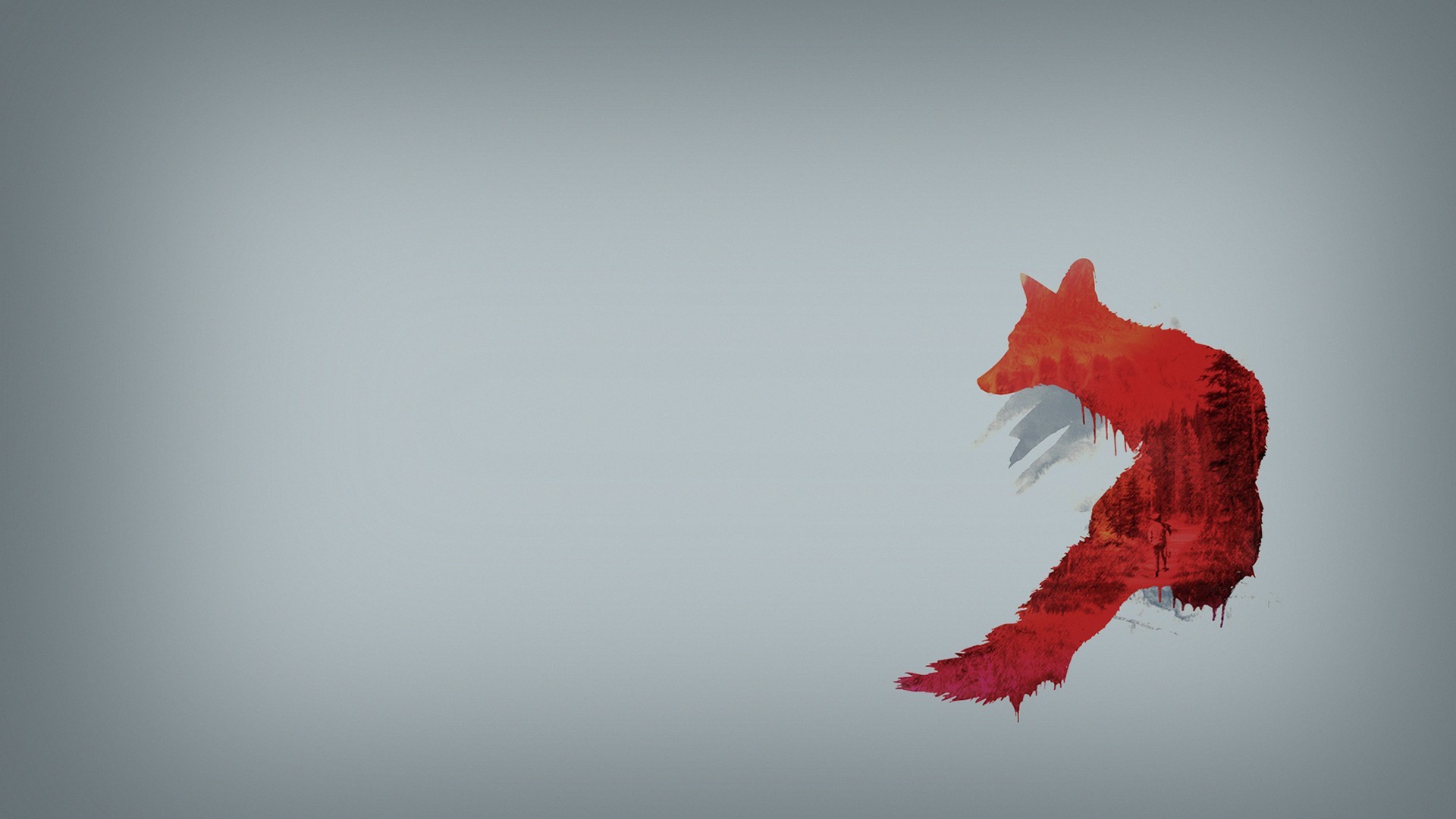 Volpe, Doppia esposizione, Sfondo grigio, Minimal, Full HD, wallpaper per PC