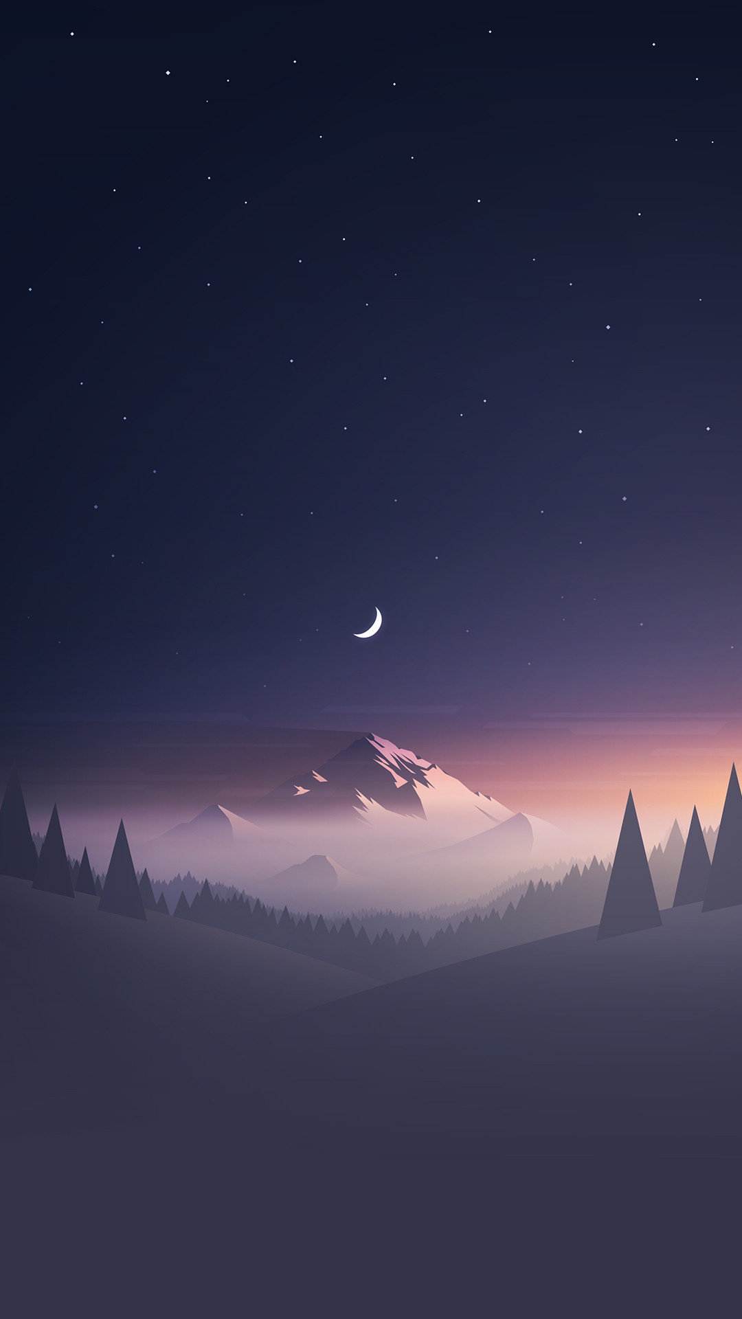 Montagne, Luna crescente, Notte, Illustrazione minimalista, Pini, wallpaper iPhone 4K