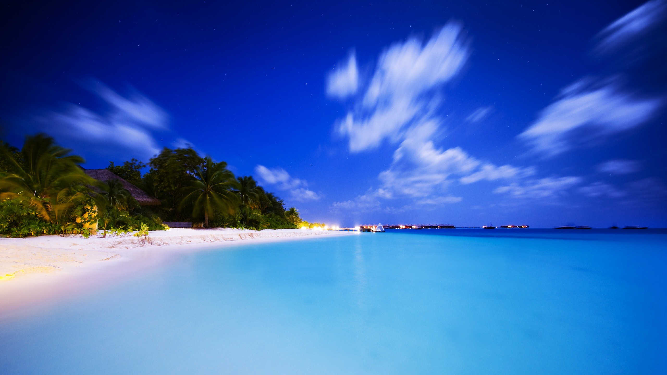 Spiaggia tropicale, Mare turchese, Palme, Maldive, Cielo blu, 2K, sfondo PC
