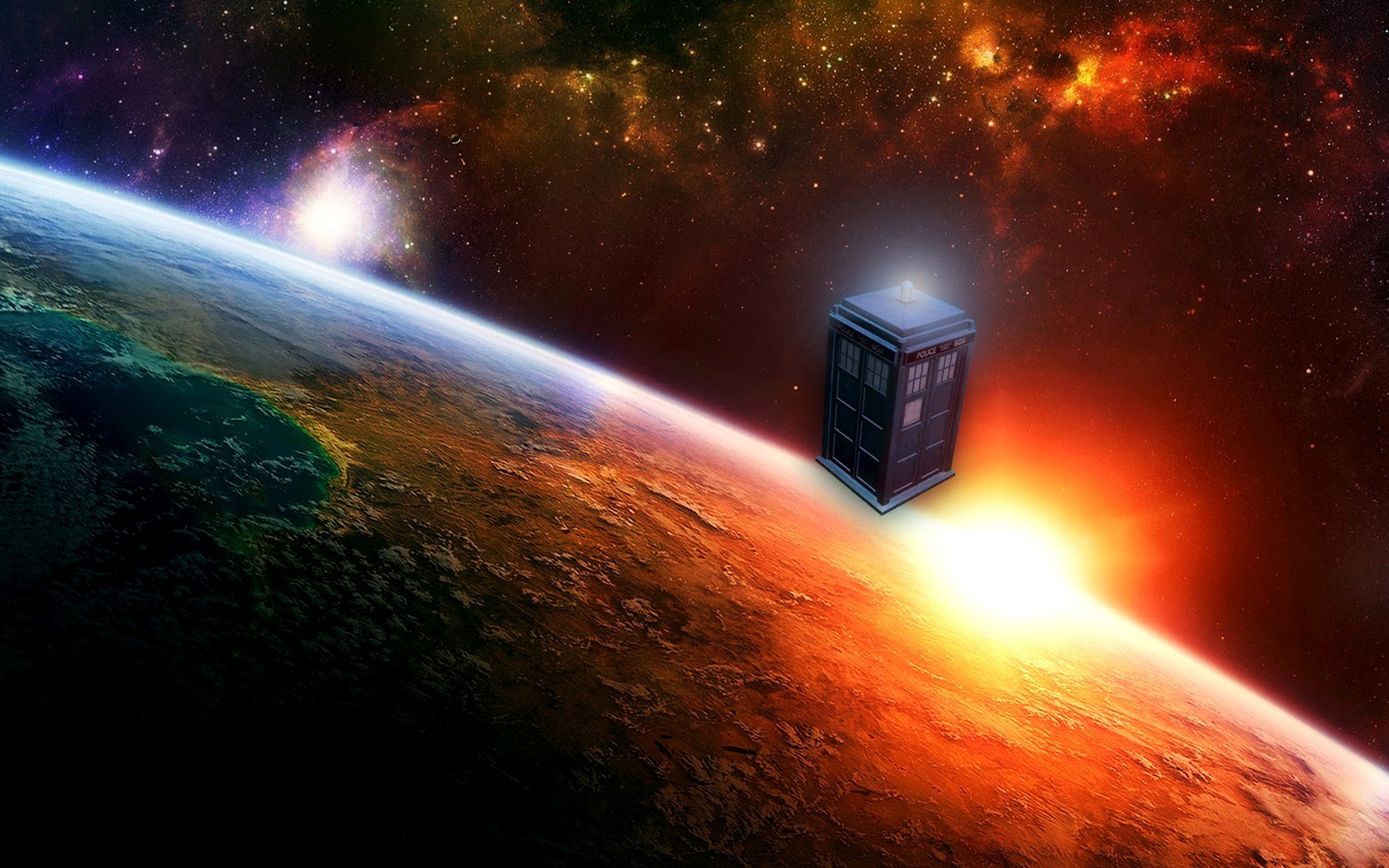TARDIS, Doctor Who, Pianeta, Alba nello spazio, 2K, sfondo per PC e portatile