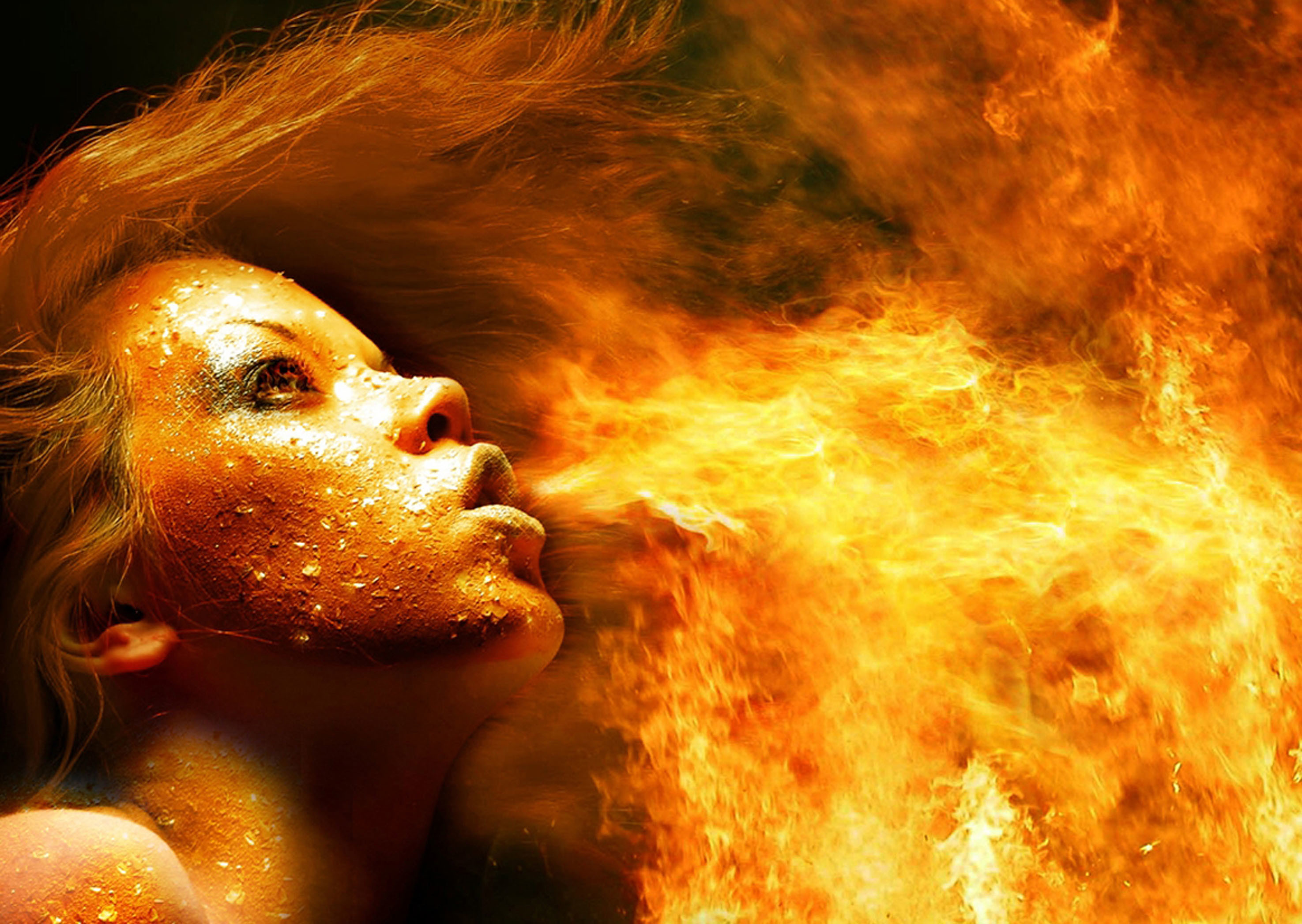 Donna, Volto, Fiamme, Scintille, 2K, sfondo per PC e portatile