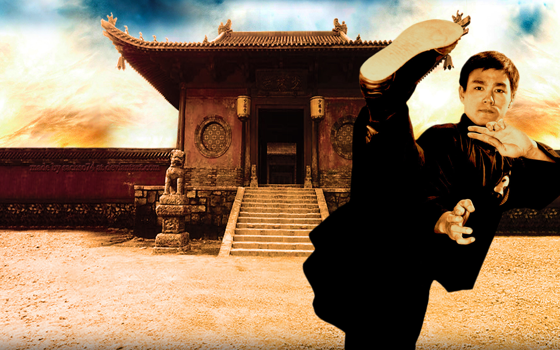 Bruce Lee, Calcio volante, Tempio cinese, Tramonto, 1920x1200, sfondo MacBook Pro