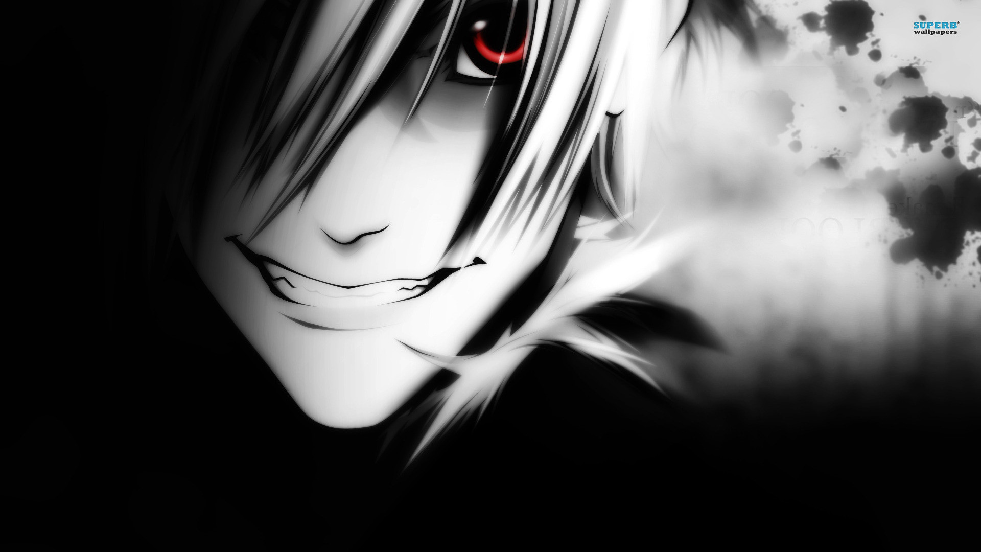 Anime, Sorriso, Occhio rosso, Bianco e nero, 1920x1080, immagine di sfondo