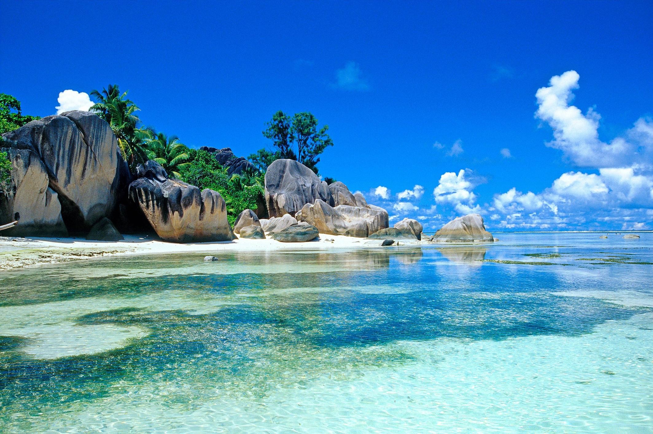 Anse Source d'Argent, La Digue, Seychelles, Rocce di granito, Laguna, wallpaper desktop Full HD