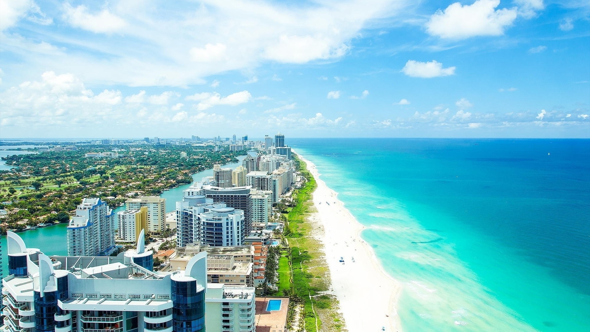 Miami Beach, Miami, Spiaggia, Vista aerea, Mare turchese, 1920x1080, sfondo per PC