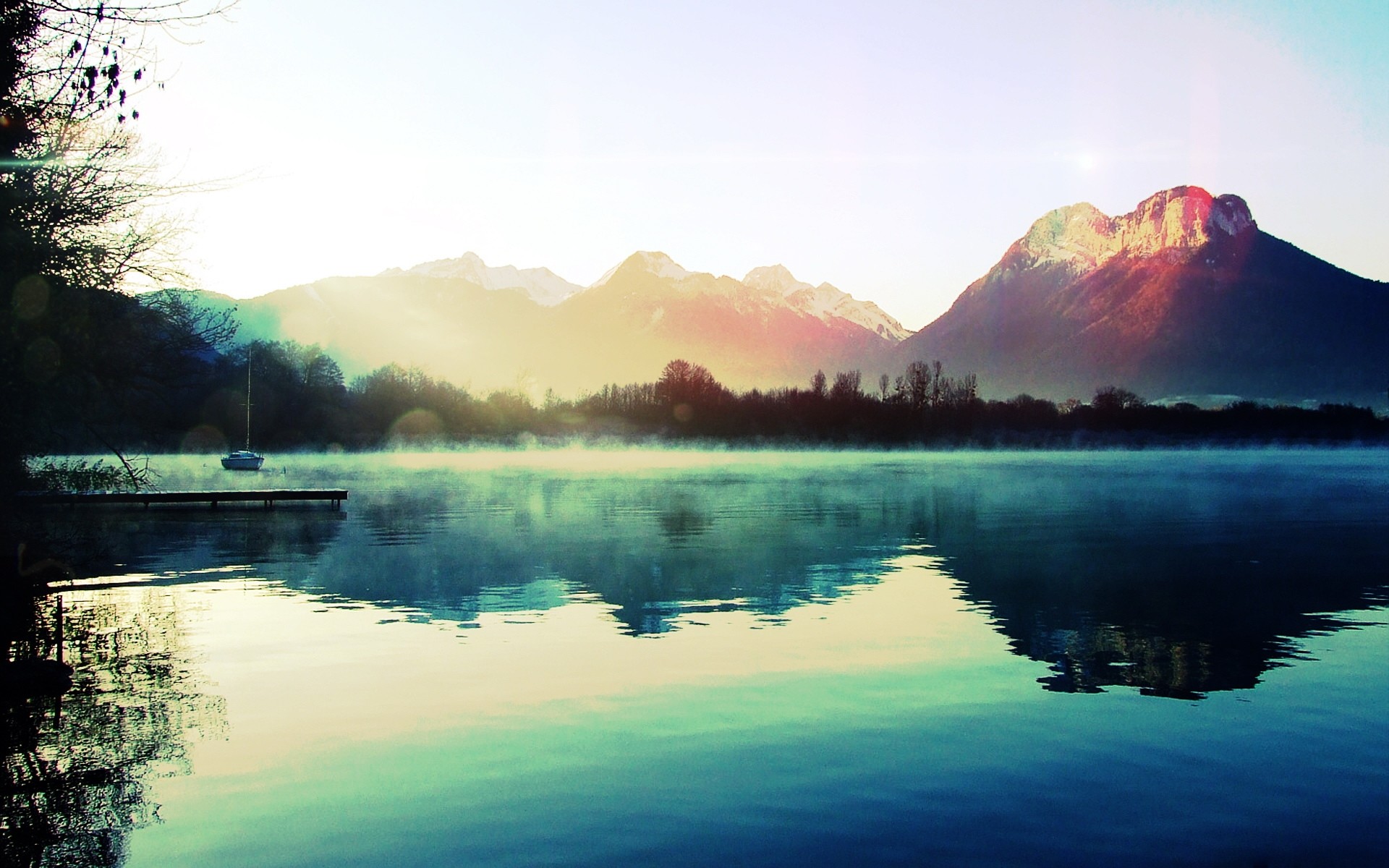 Lago, Montagne, Nebbia, Alba, 1920x1200, wallpaper desktop