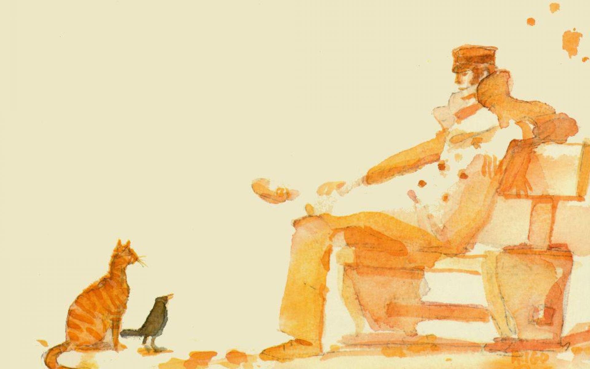 Corto Maltese, Hugo Pratt, Gatto, Acquerello, Arancione, 1920x1200, wallpaper desktop