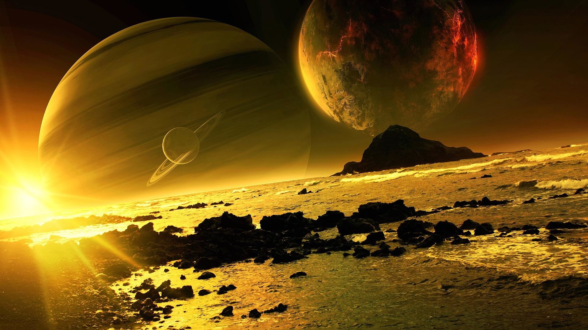Pianeti, Paesaggio alieno, Tramonto, Oro, 1920x1080, sfondo per PC