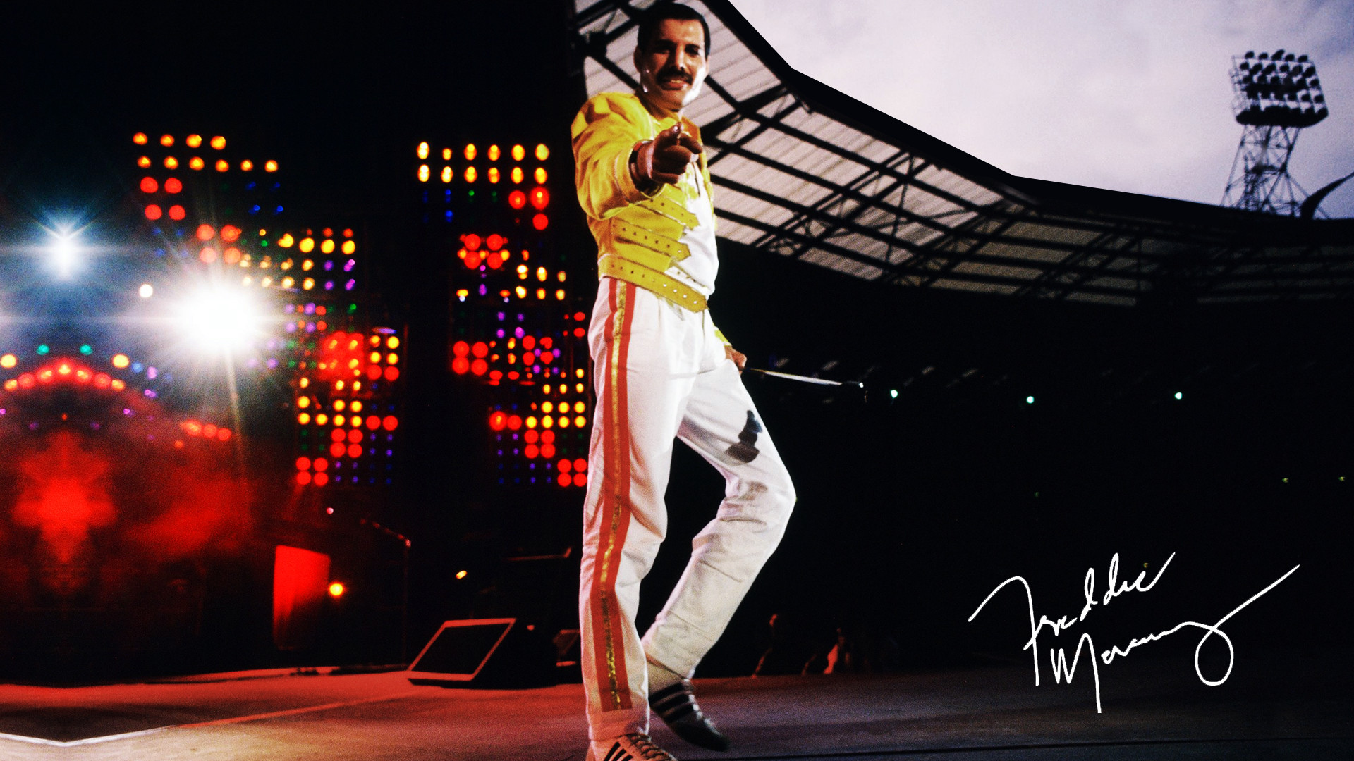 Freddie Mercury, Queen, Stadio di Wembley, Giacca gialla, Firma, sfondo 16:9 Full HD