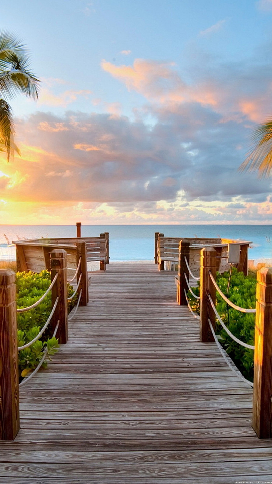 Pontile in legno, Spiaggia, Palme, Tramonto, Full HD, sfondo verticale per cellulare