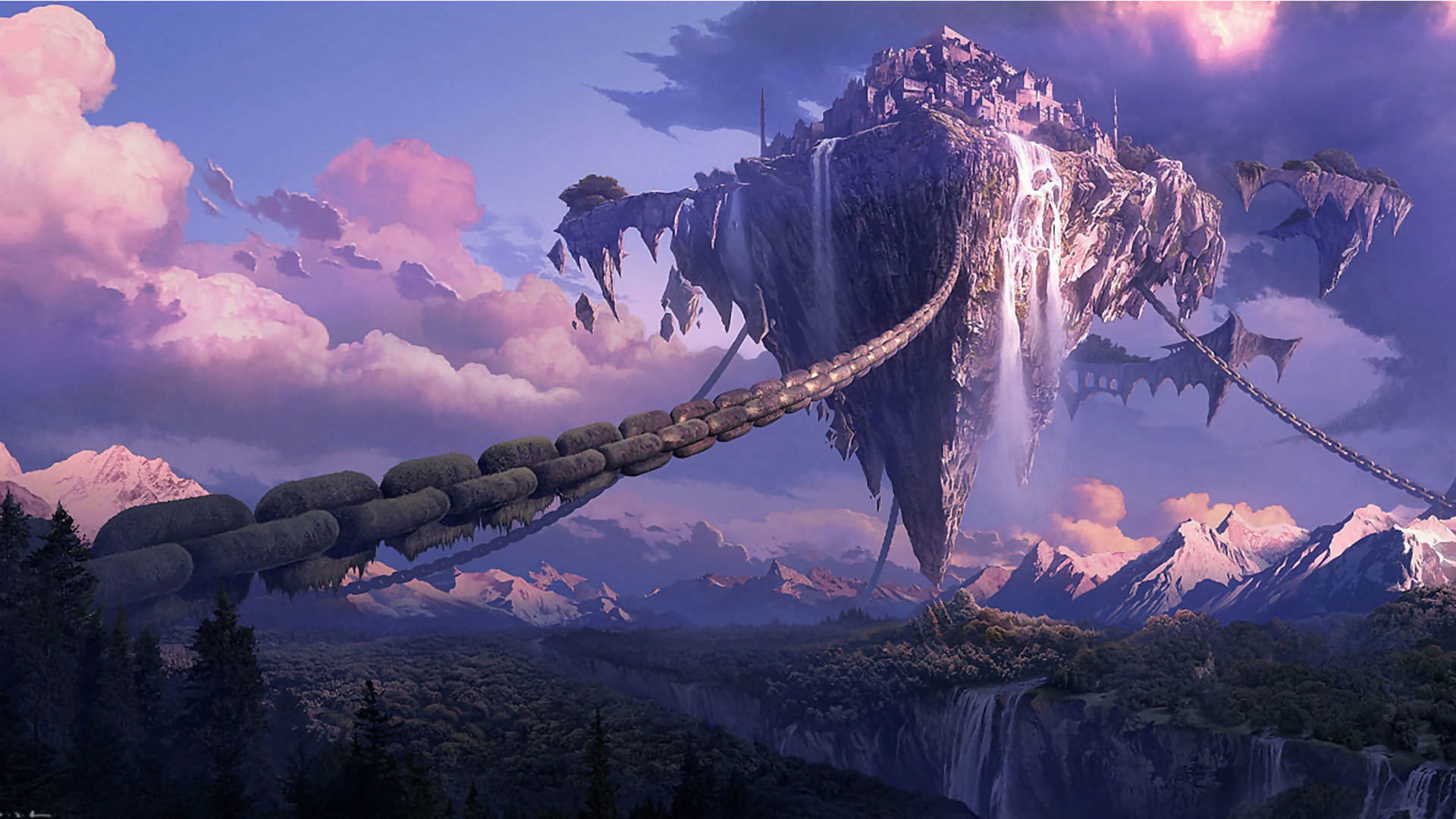 Isola fluttuante, Catene, Cascata, Arte fantasy, Cielo viola, Full HD 1080p, sfondo desktop