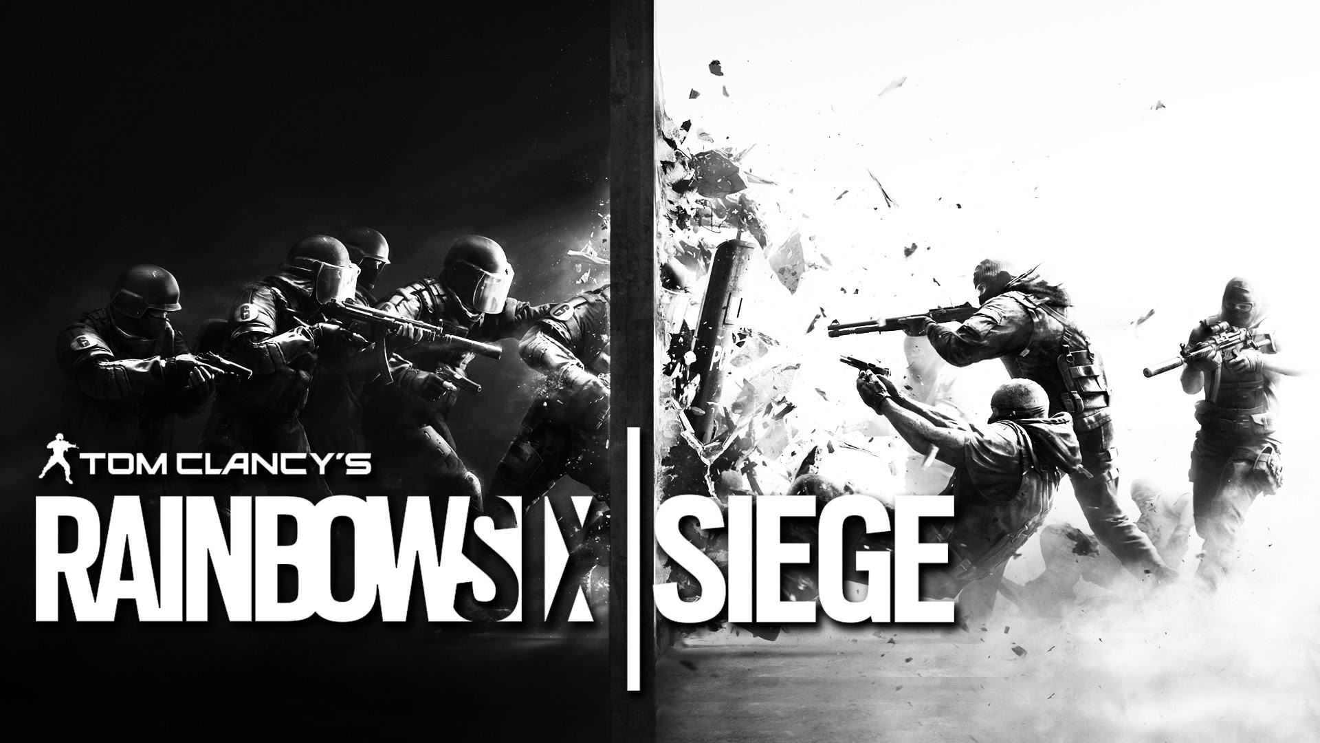 Tom Clancy's Rainbow Six Siege, Logo, Breccia nel muro, Bianco e nero, sfondo Windows 11